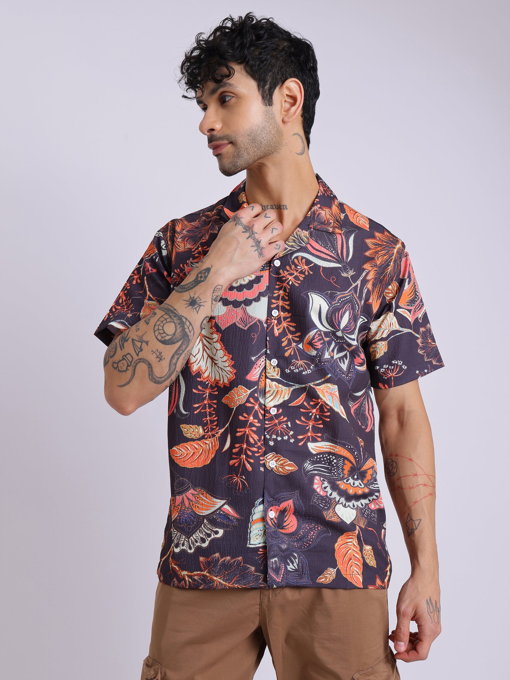 Men's Multicolor Tropical Printed Cuban Collar Shirt