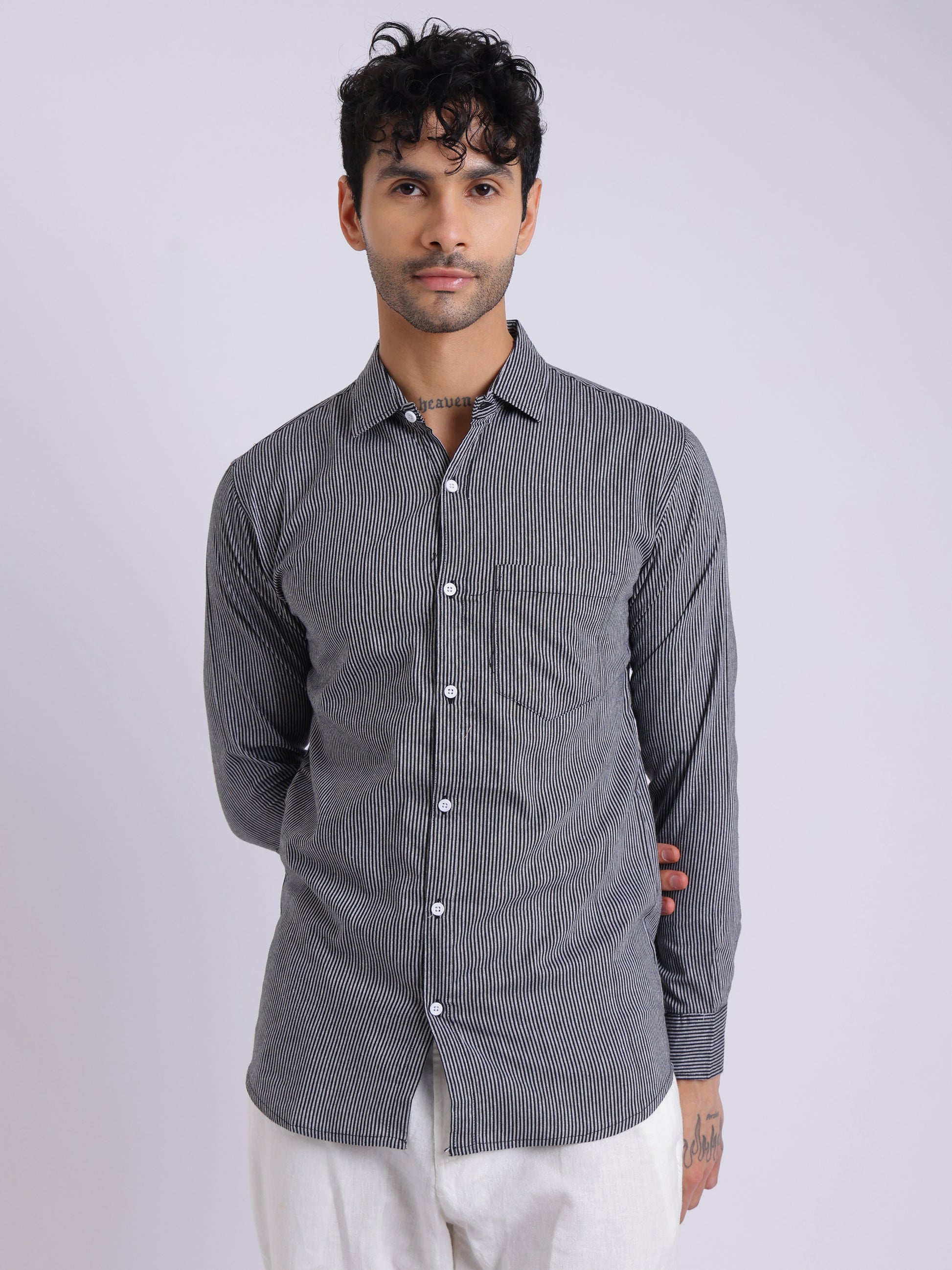 Men's Black & White Striped Cotton Shirt