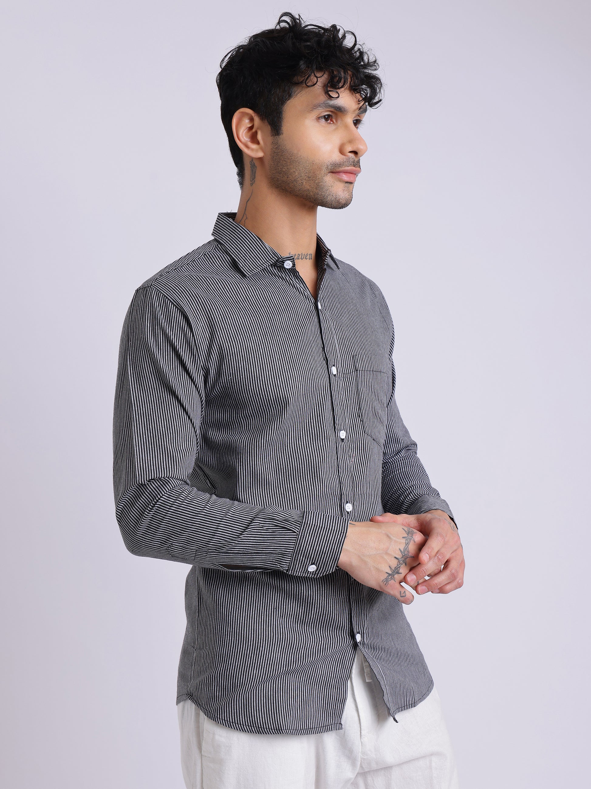 Men's Black & White Striped Cotton Shirt