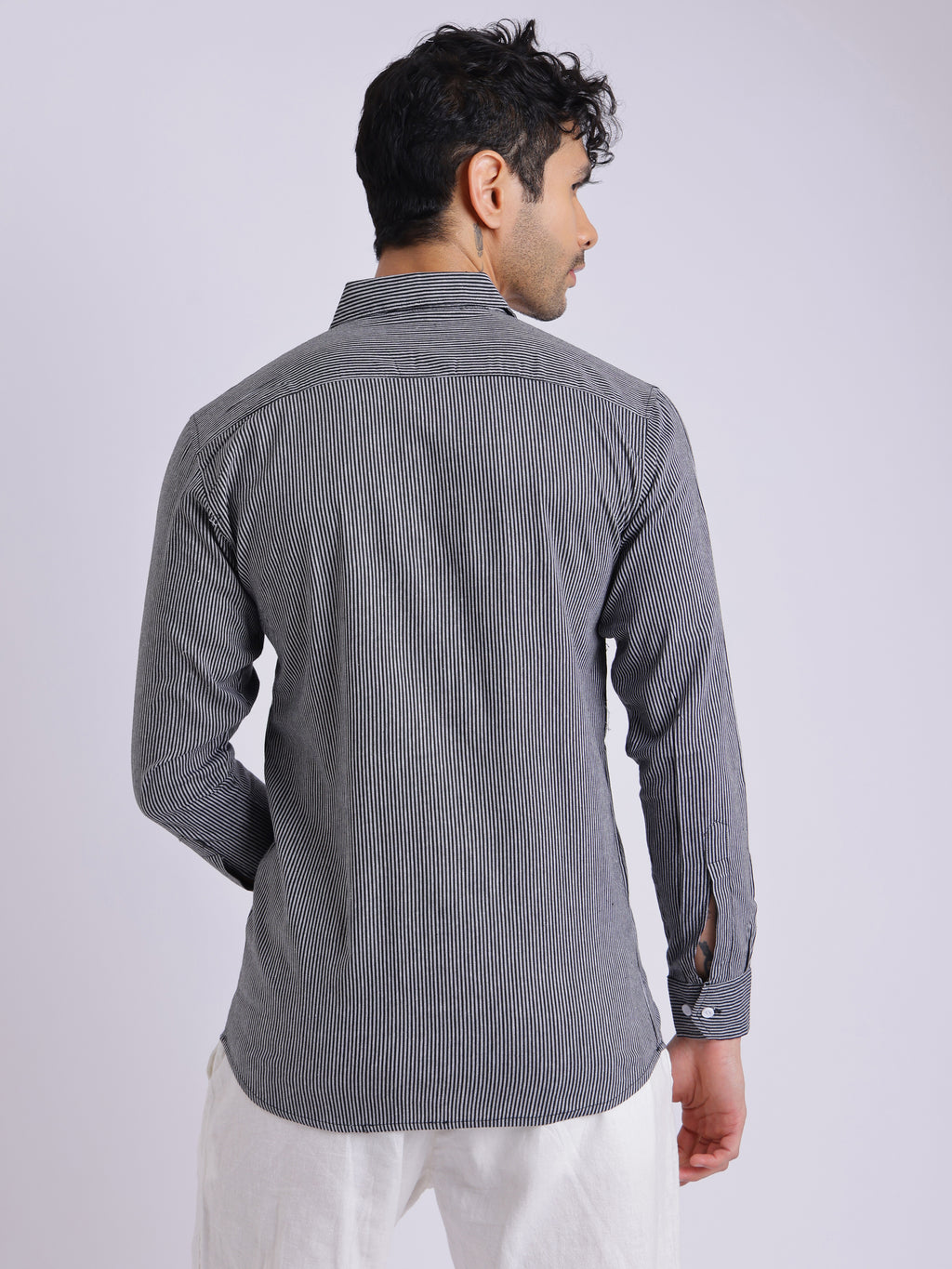 Men's Black & White Striped Cotton Shirt