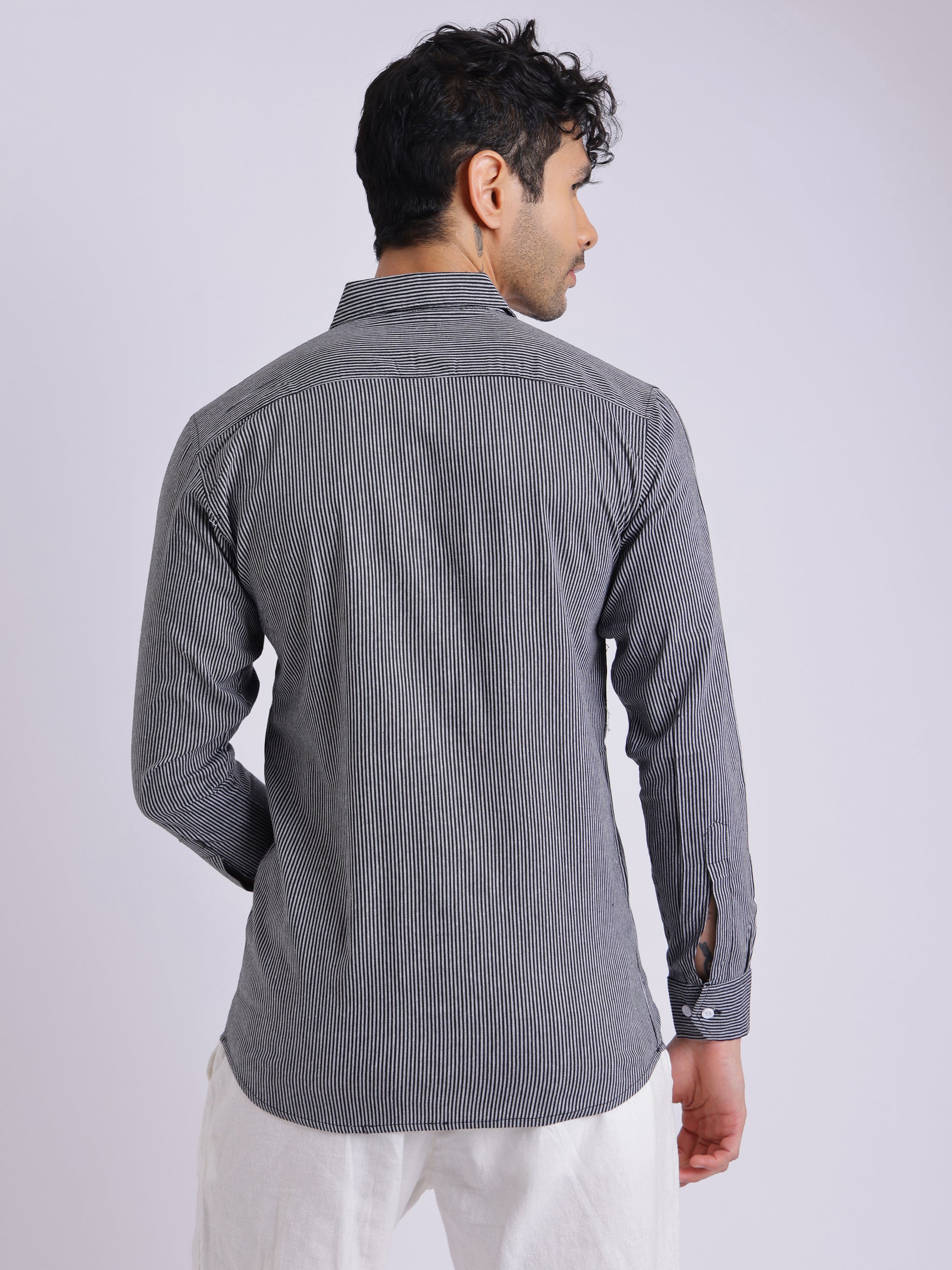 Men's Black & White Striped Cotton Shirt