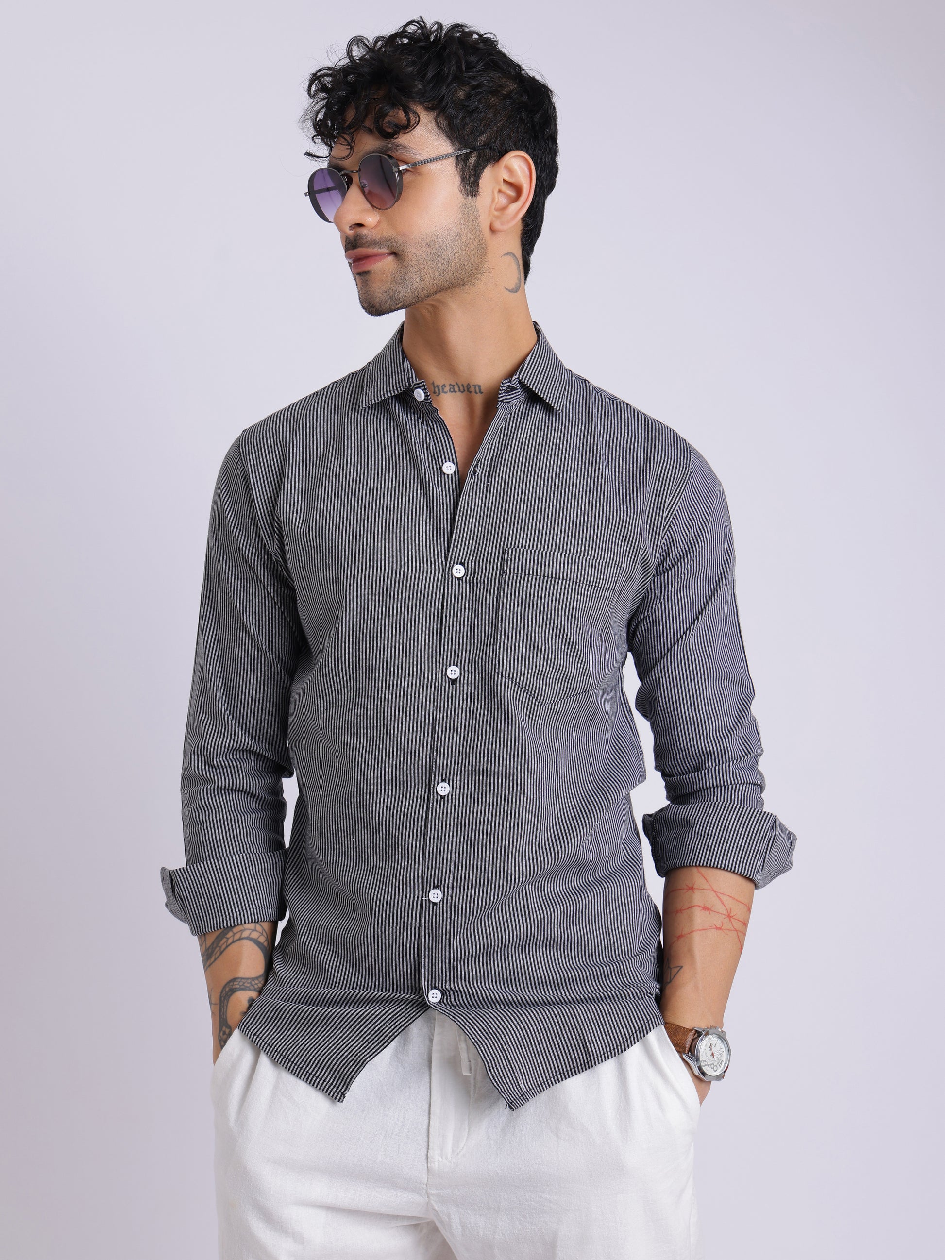 Men's Black & White Striped Cotton Shirt
