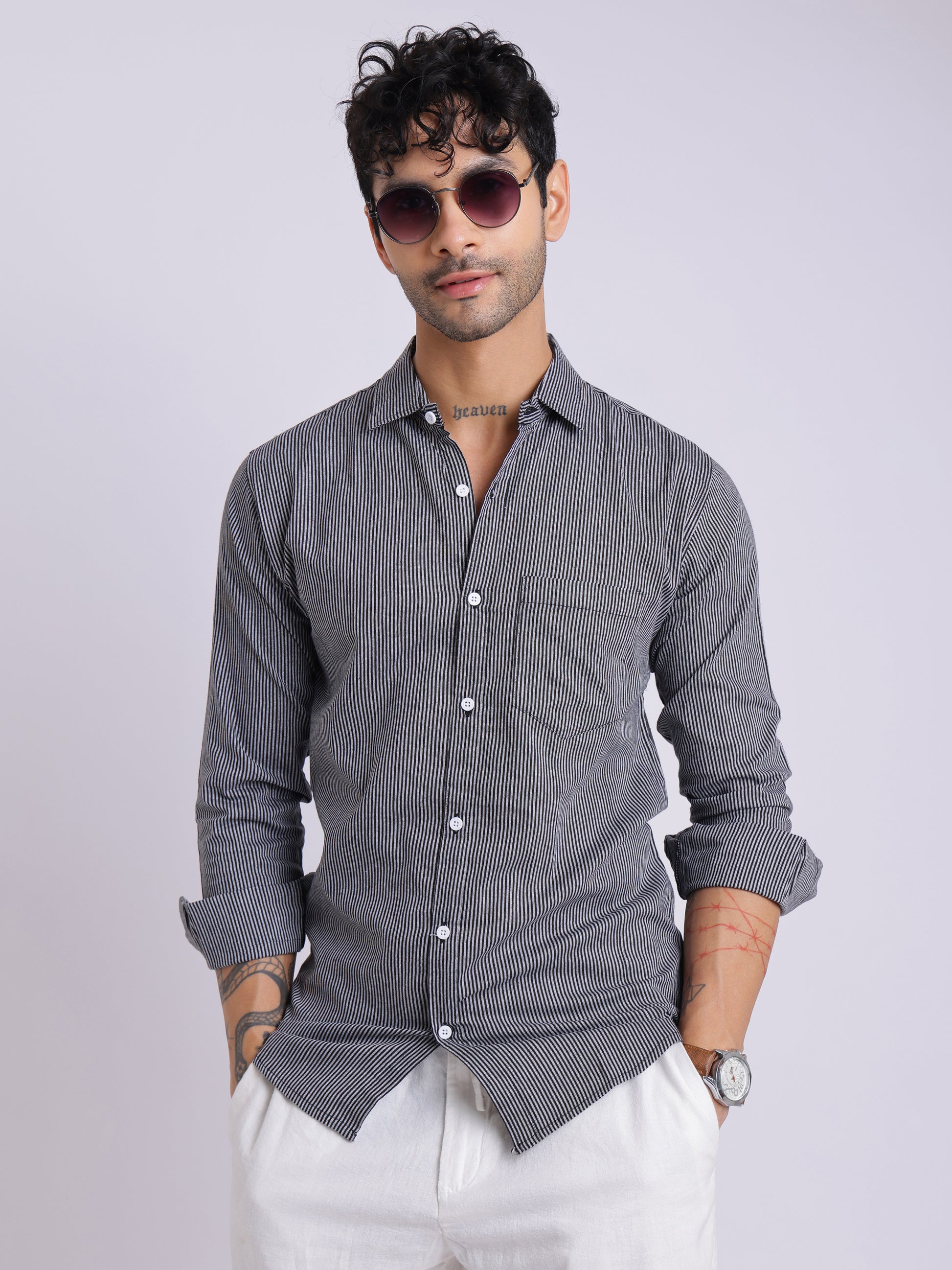 Men's Black & White Striped Cotton Shirt