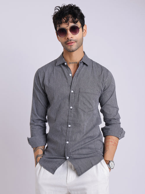Men's Black & White Striped Cotton Shirt