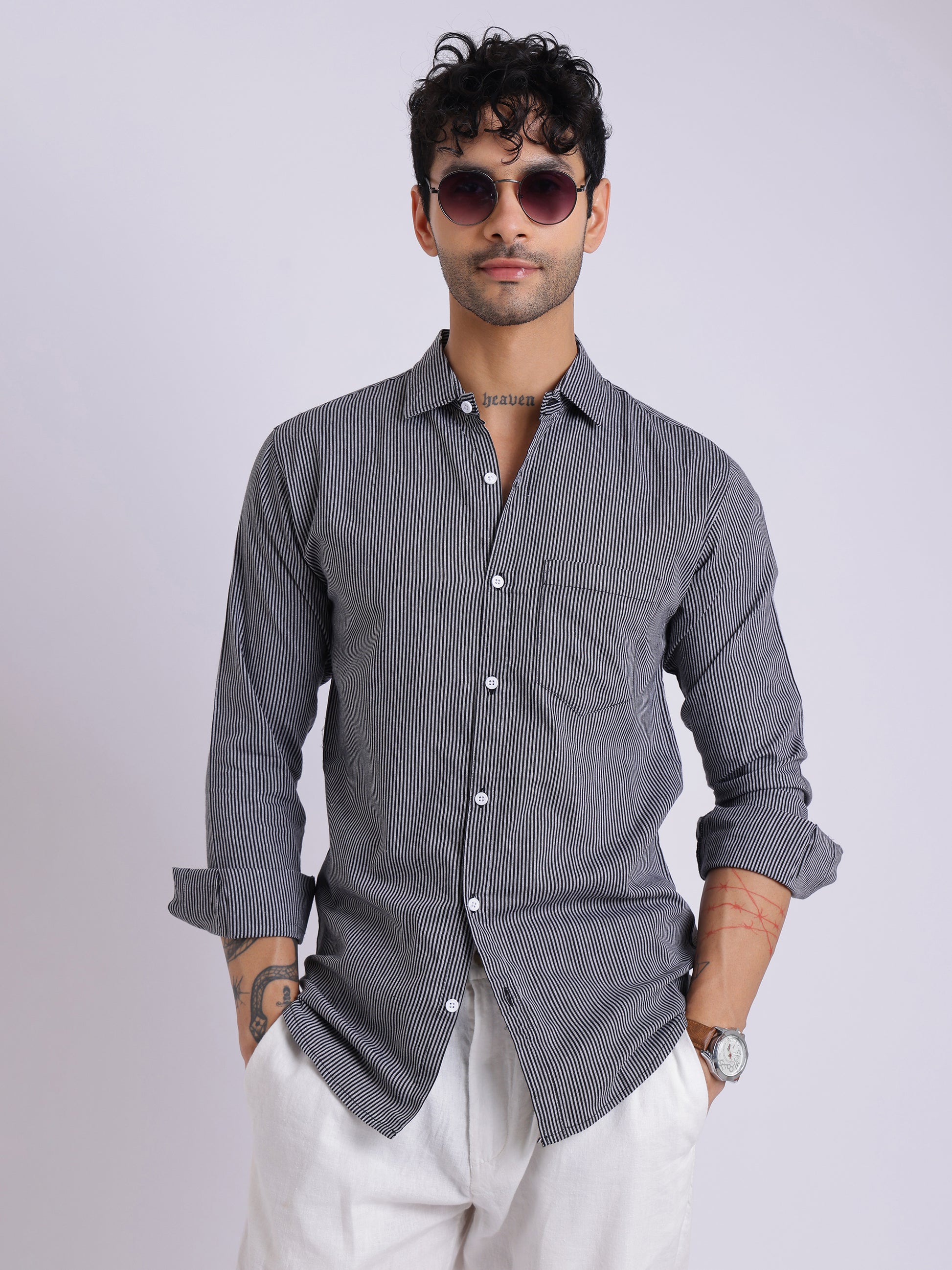 Men's Black & White Striped Cotton Shirt