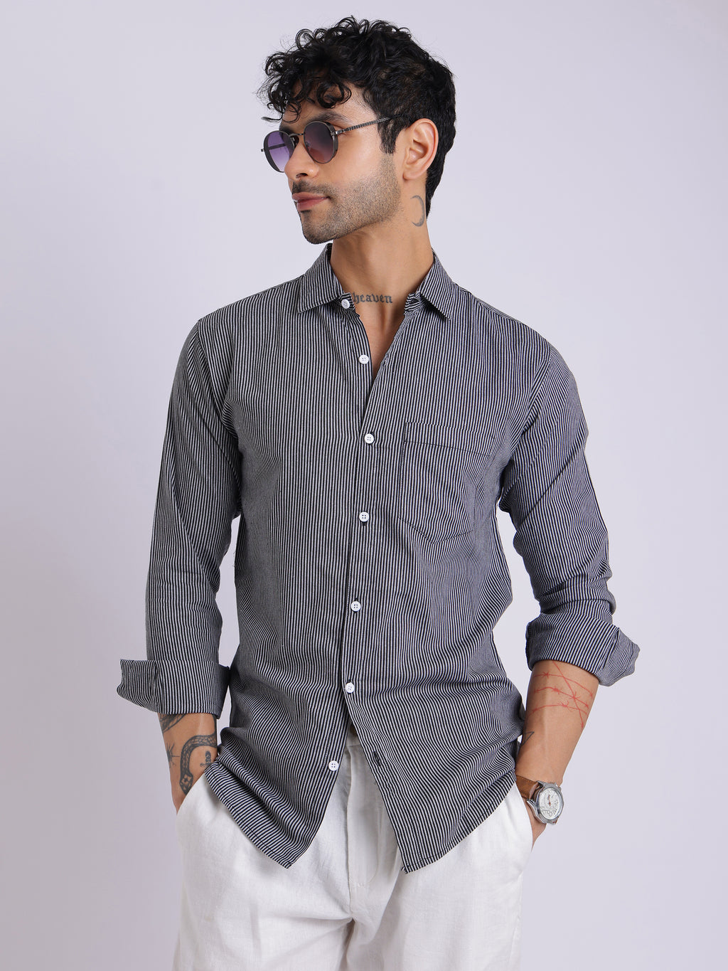 Men's Black & White Striped Cotton Shirt