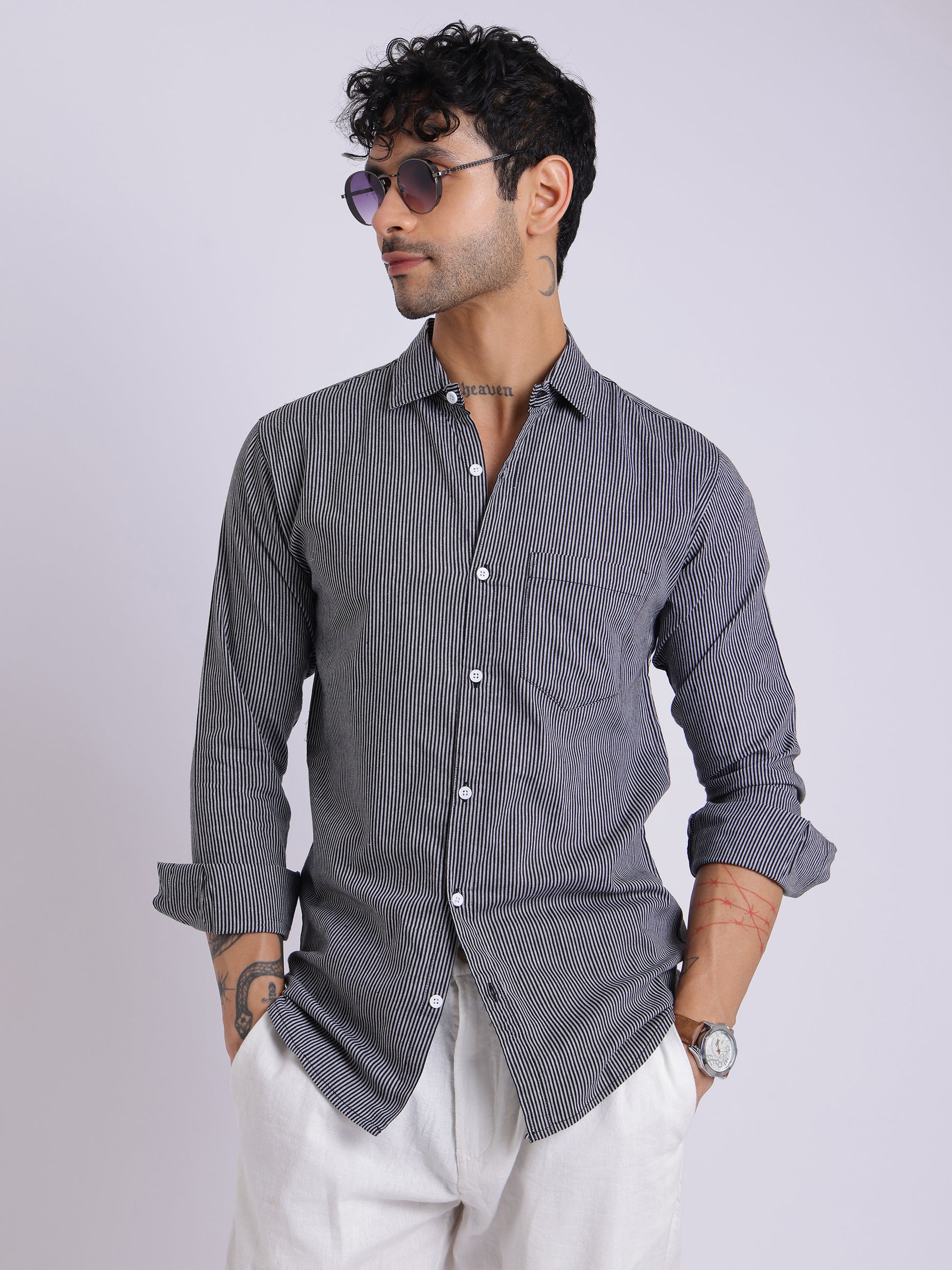 Men's Black & White Striped Cotton Shirt