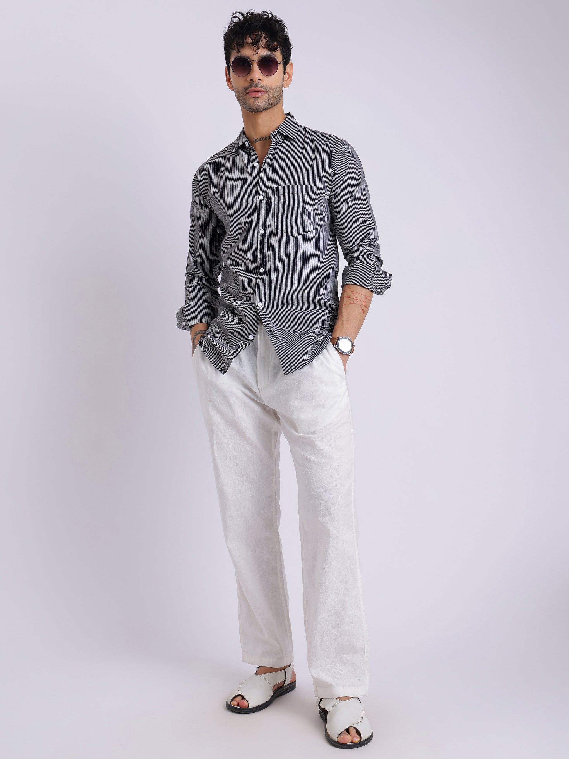 Men's Black & White Striped Cotton Shirt