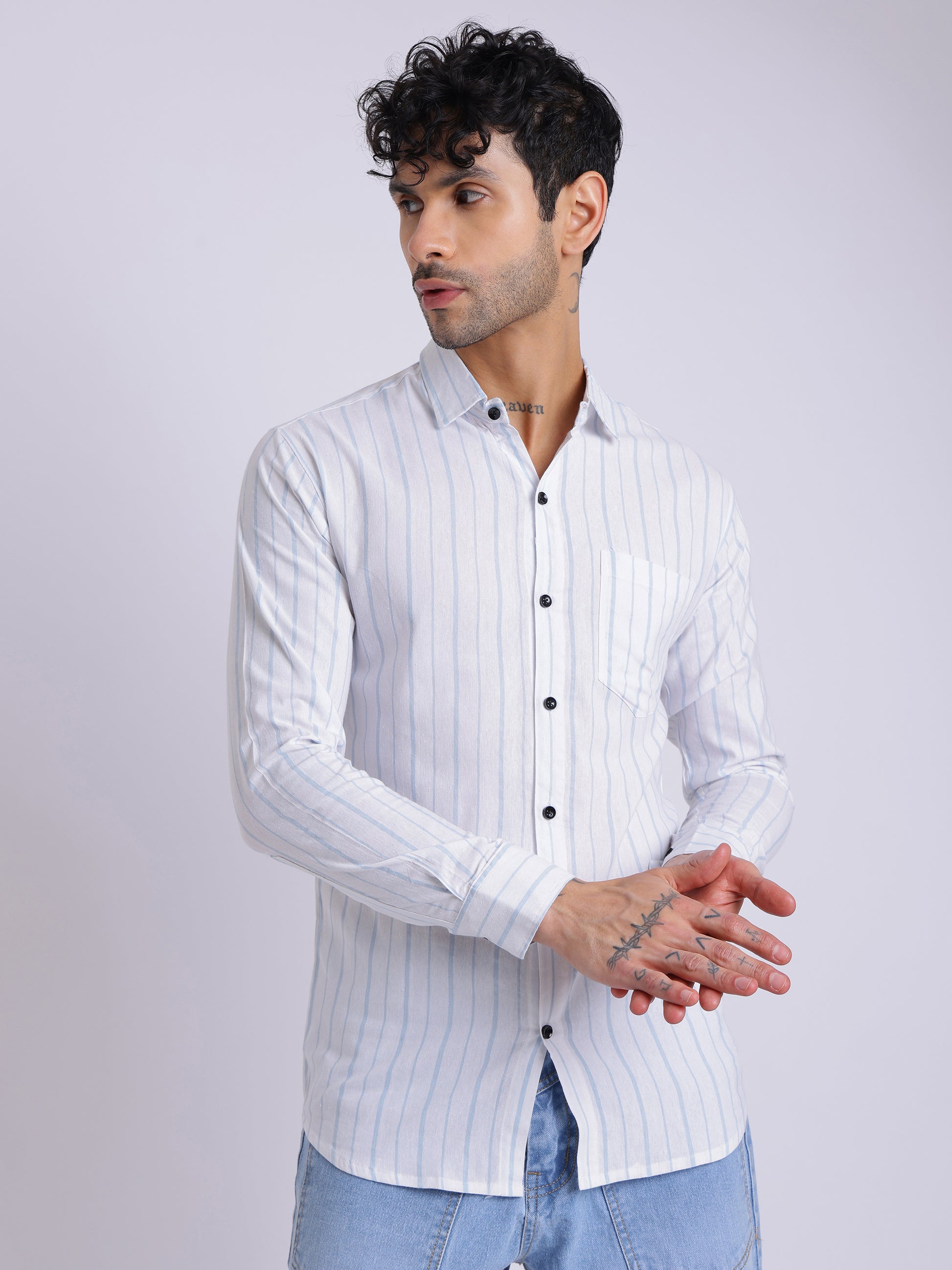 Men's White & Blue Vertical Striped Shirt