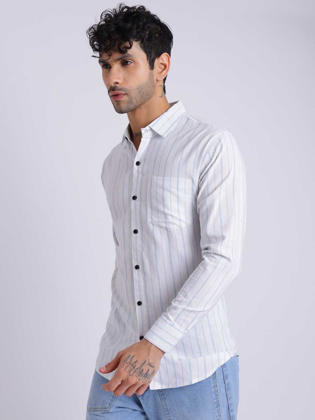 Men's White & Blue Vertical Striped Shirt