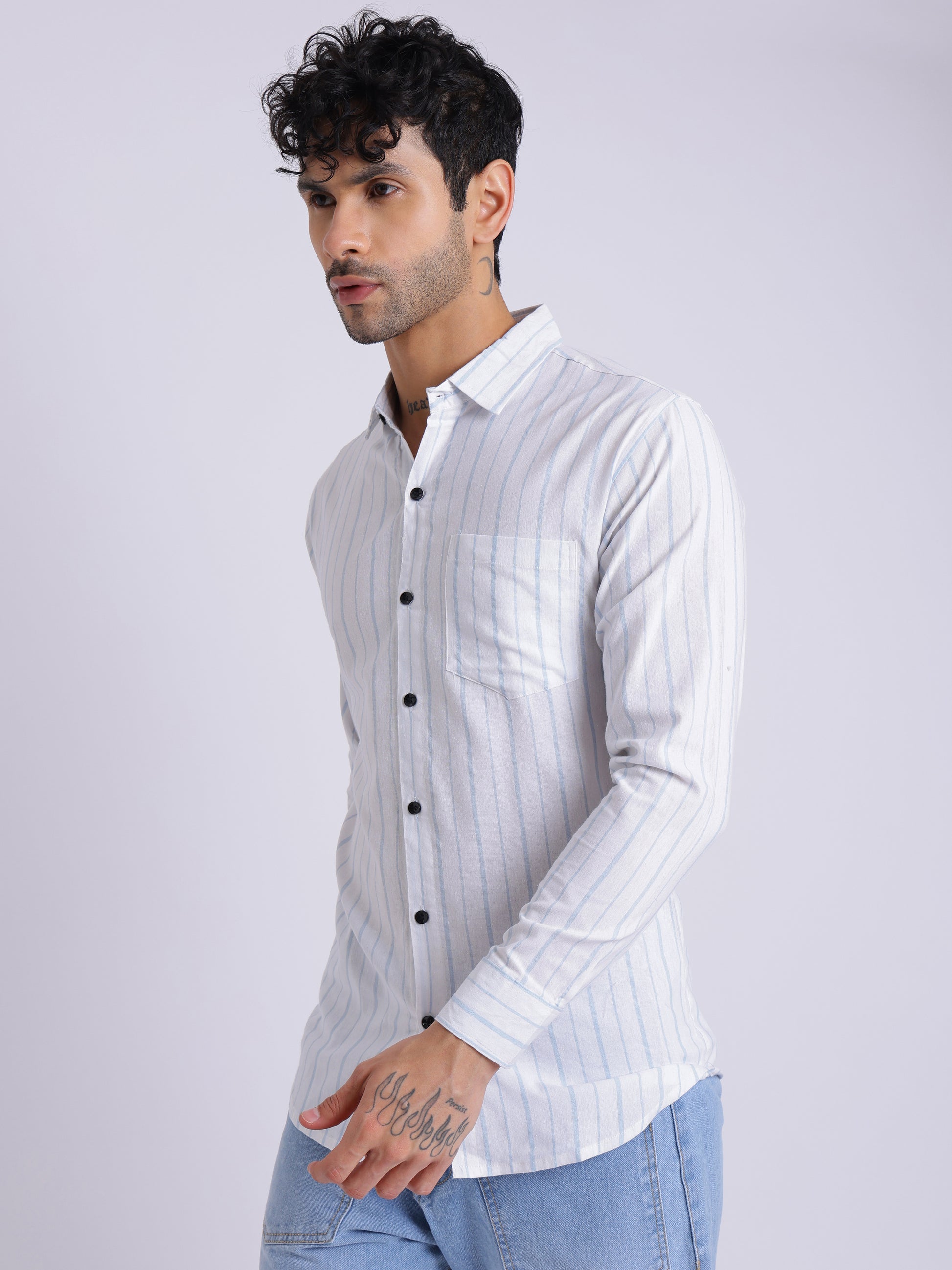 Men's White & Blue Vertical Striped Shirt