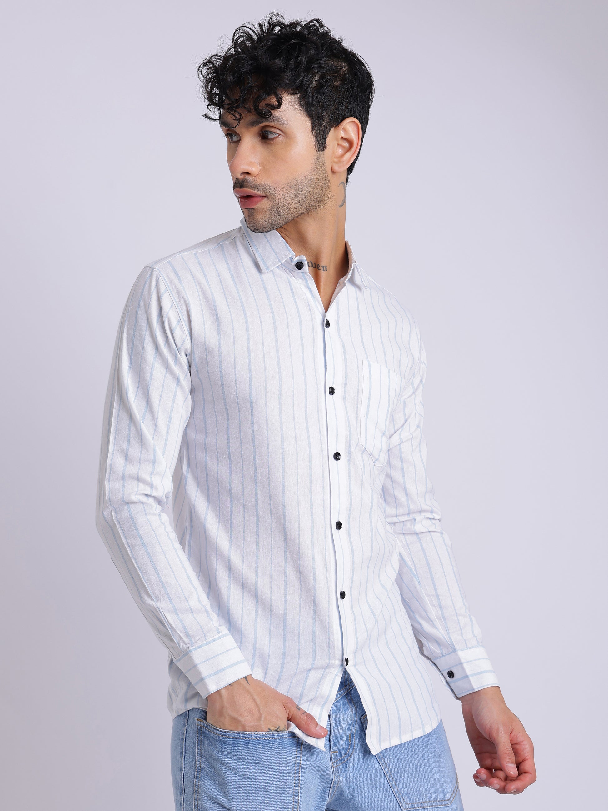 Men's White & Blue Vertical Striped Shirt