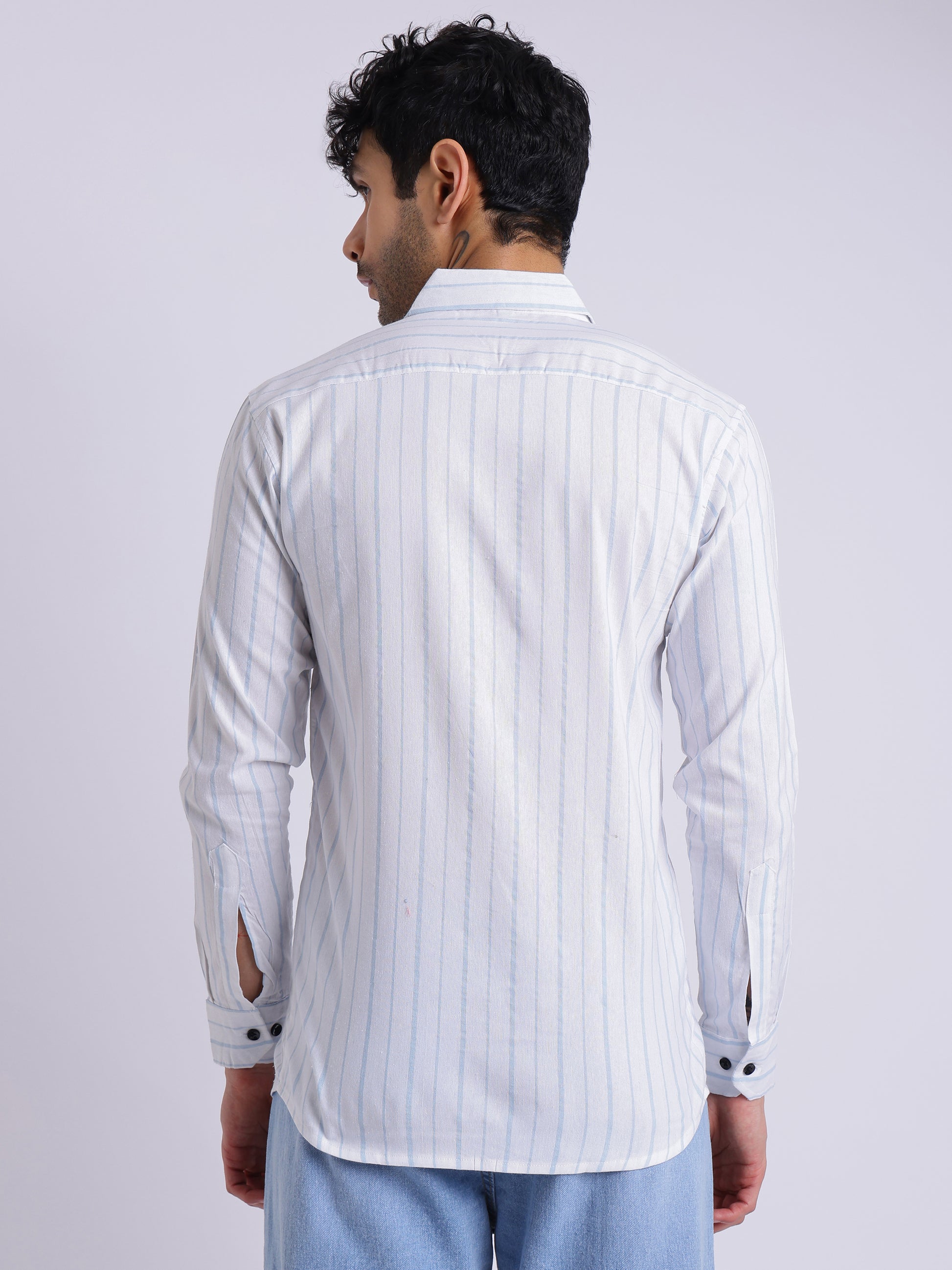 Men's White & Blue Vertical Striped Shirt