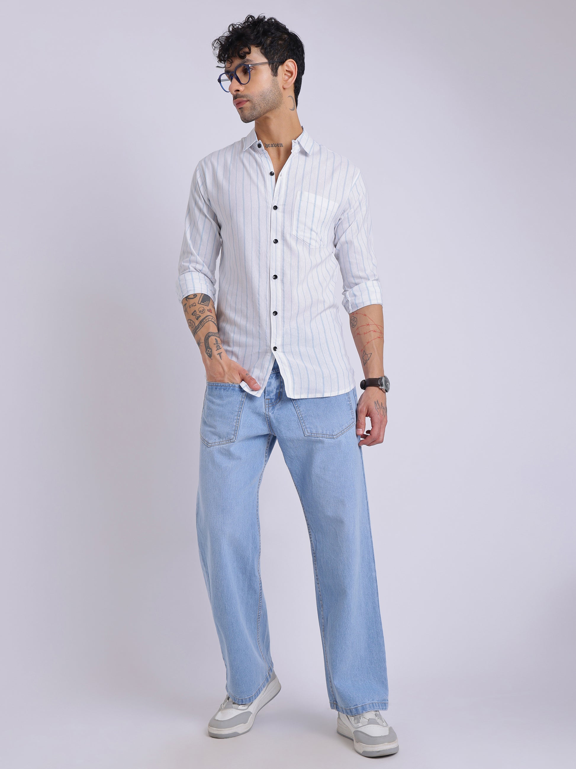 Men's White & Blue Vertical Striped Shirt