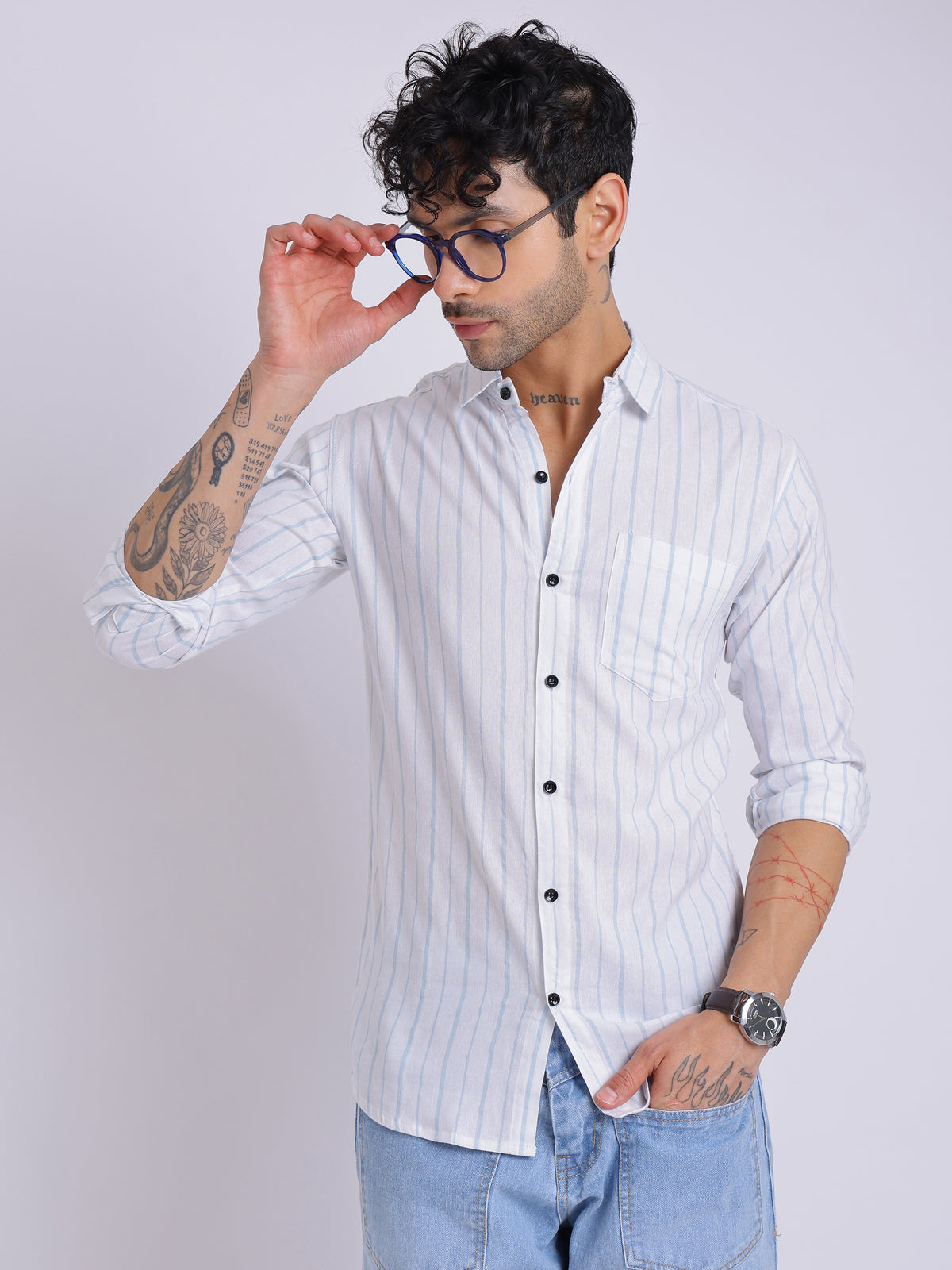 Men's White & Blue Vertical Striped Shirt