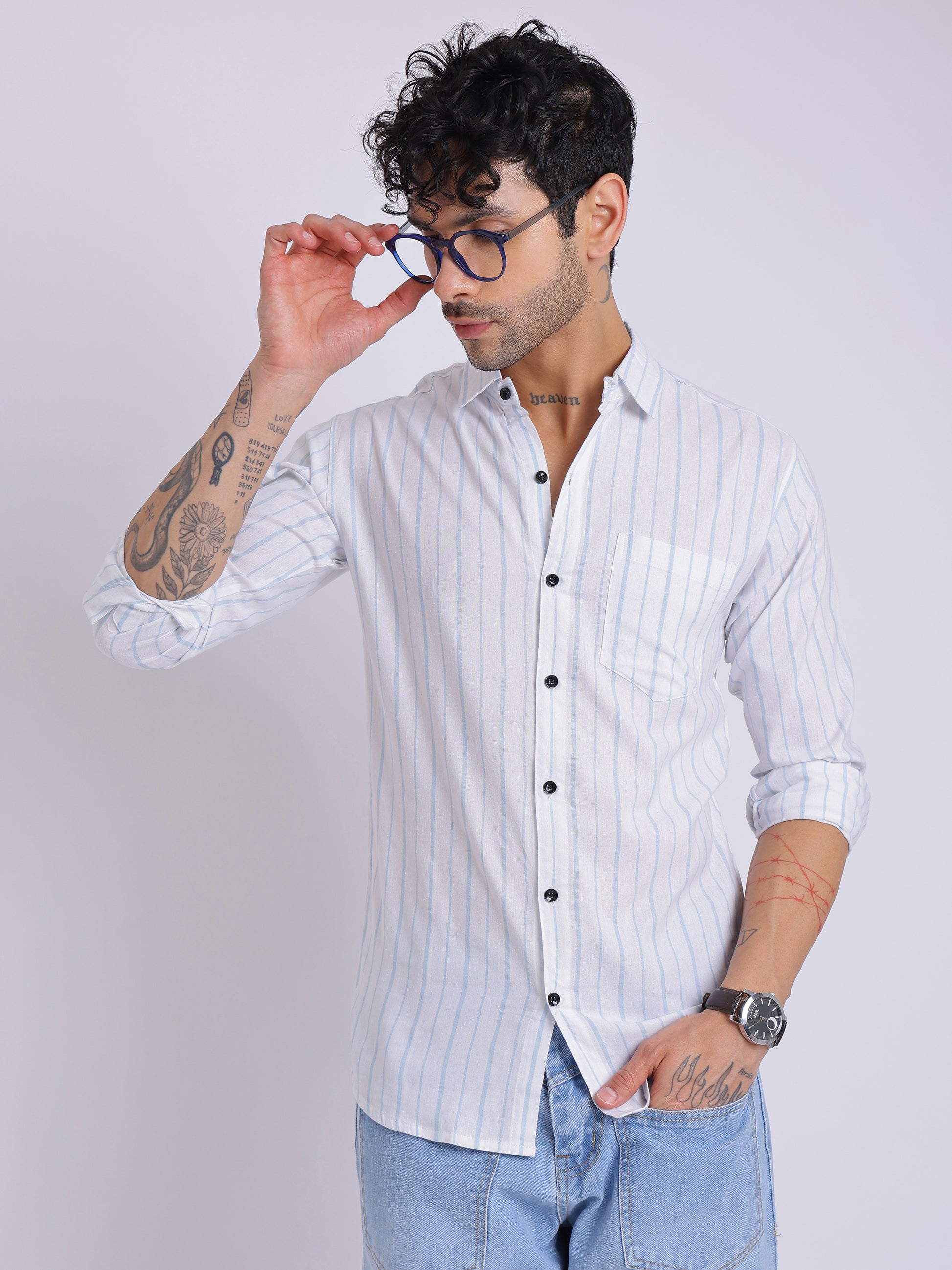 Men's White & Blue Vertical Striped Shirt