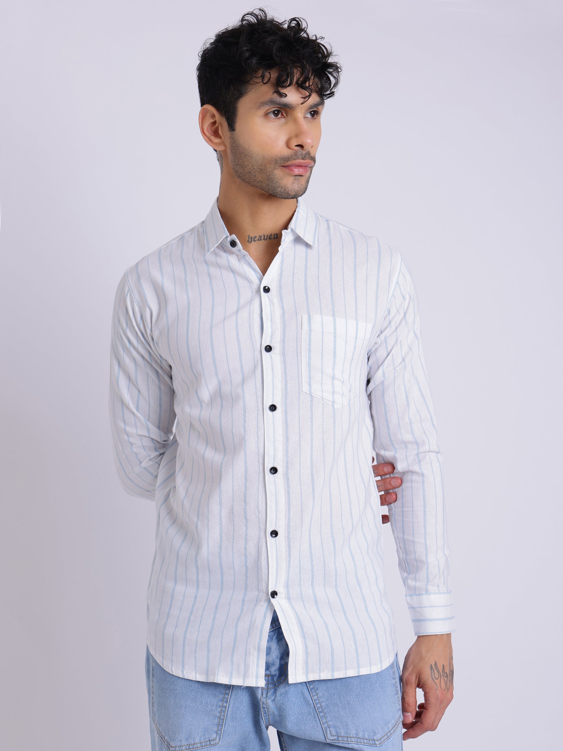 Men's White & Blue Vertical Striped Shirt