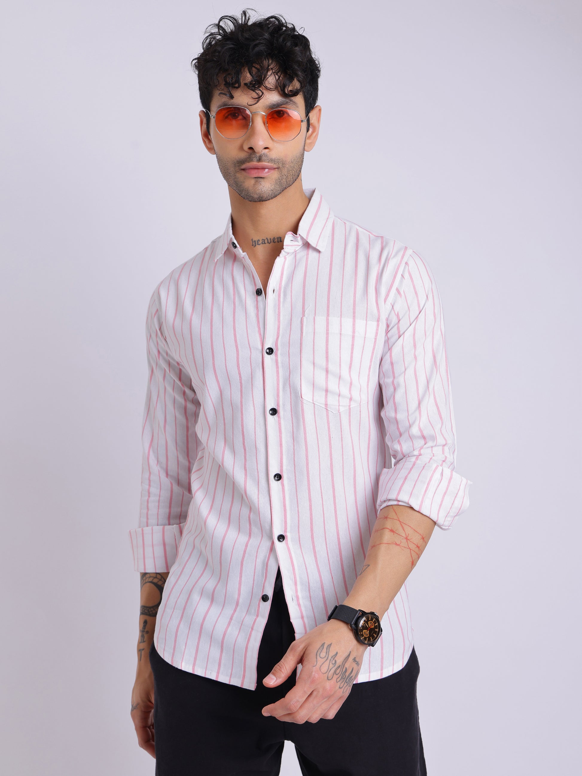 Men’s White Shirt with Pink Vertical Stripes