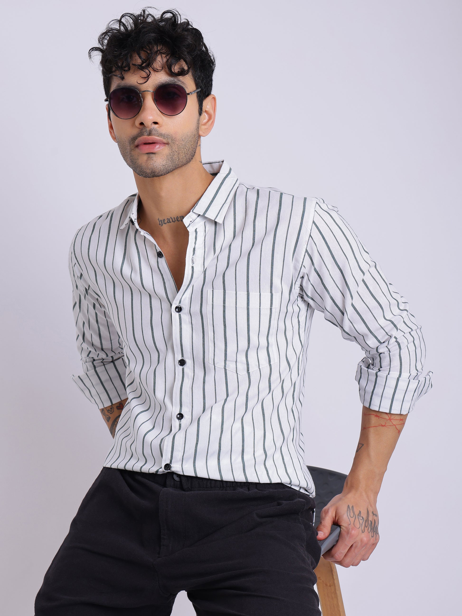 Men's White Shirt with Dark Green Vertical Stripes