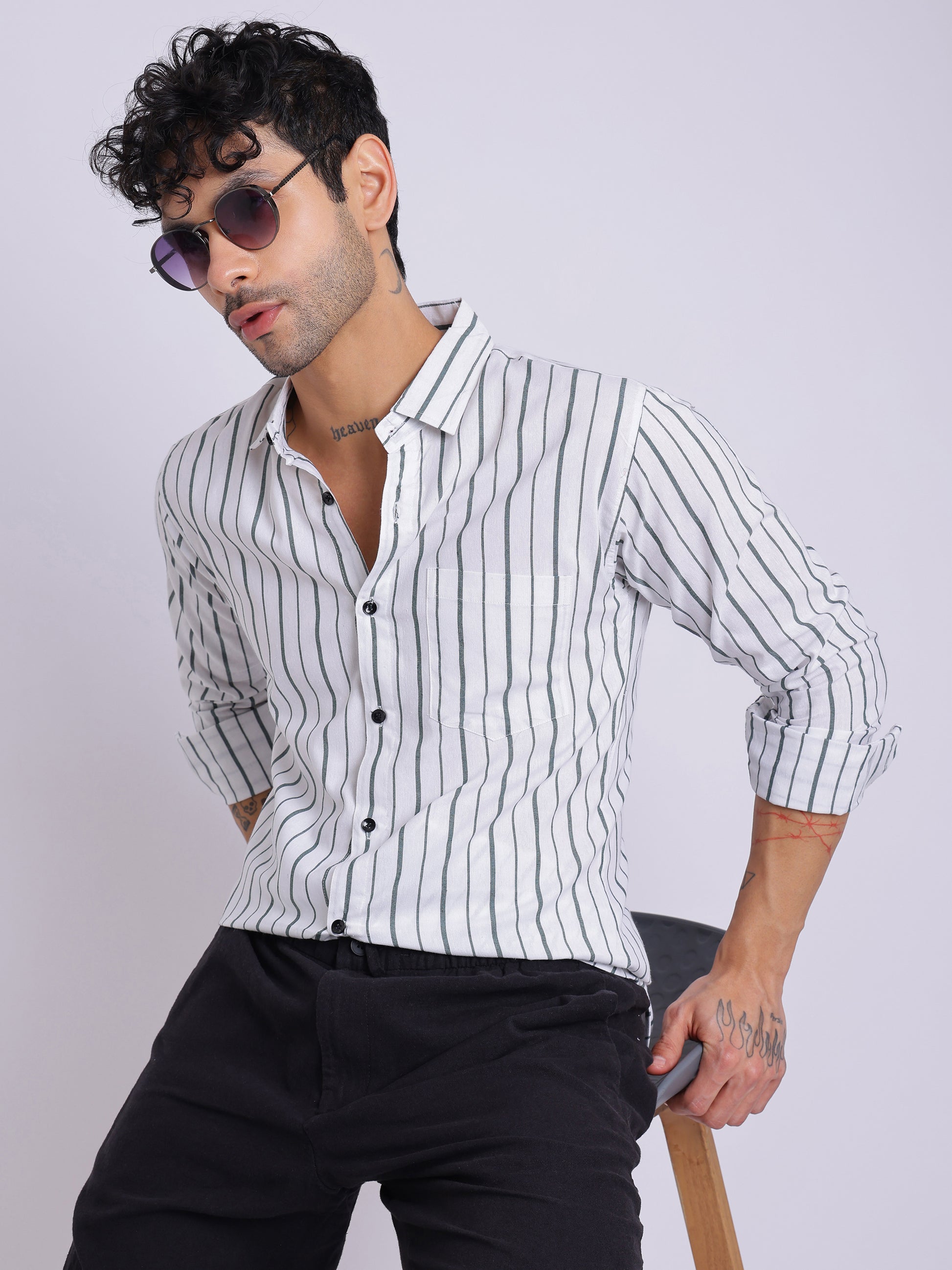 Men's White Shirt with Dark Green Vertical Stripes