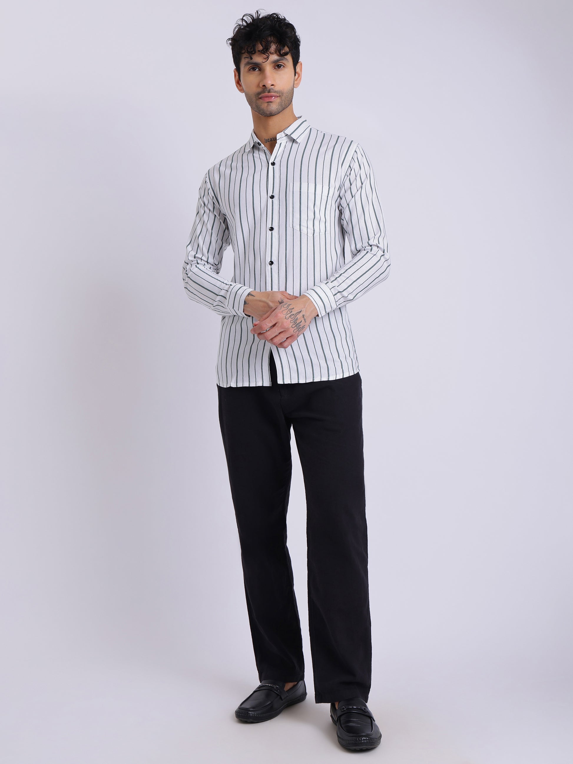 Men's White Shirt with Dark Green Vertical Stripes