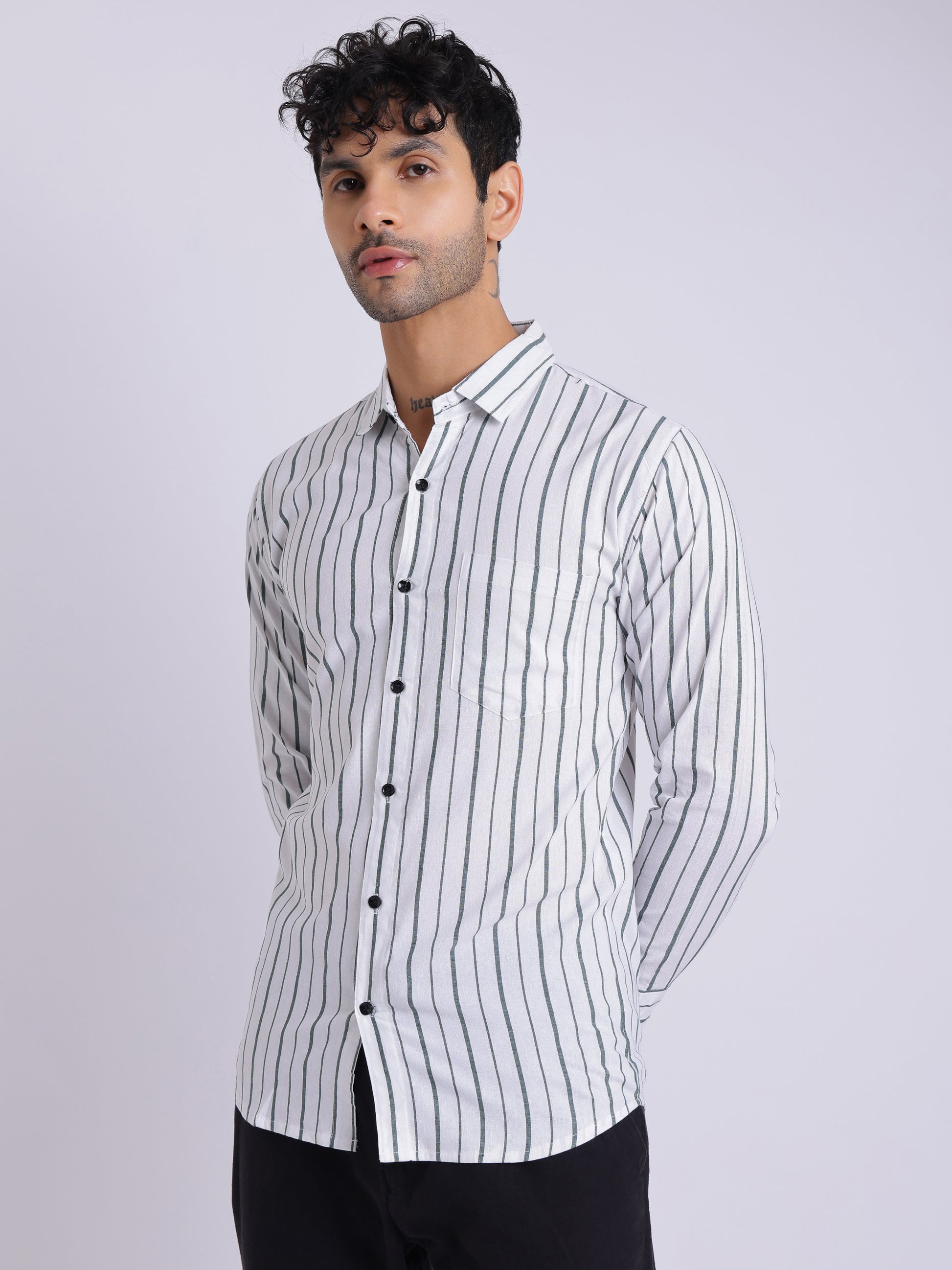 Men's White Shirt with Dark Green Vertical Stripes