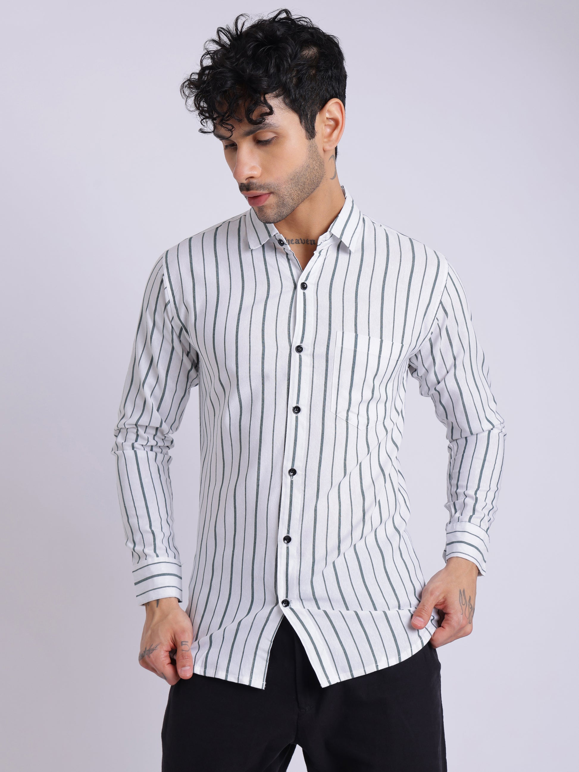 Men's White Shirt with Dark Green Vertical Stripes