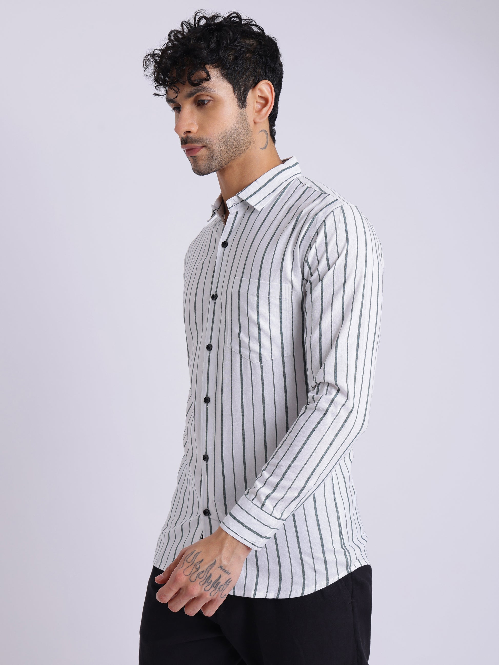 Men's White Shirt with Dark Green Vertical Stripes