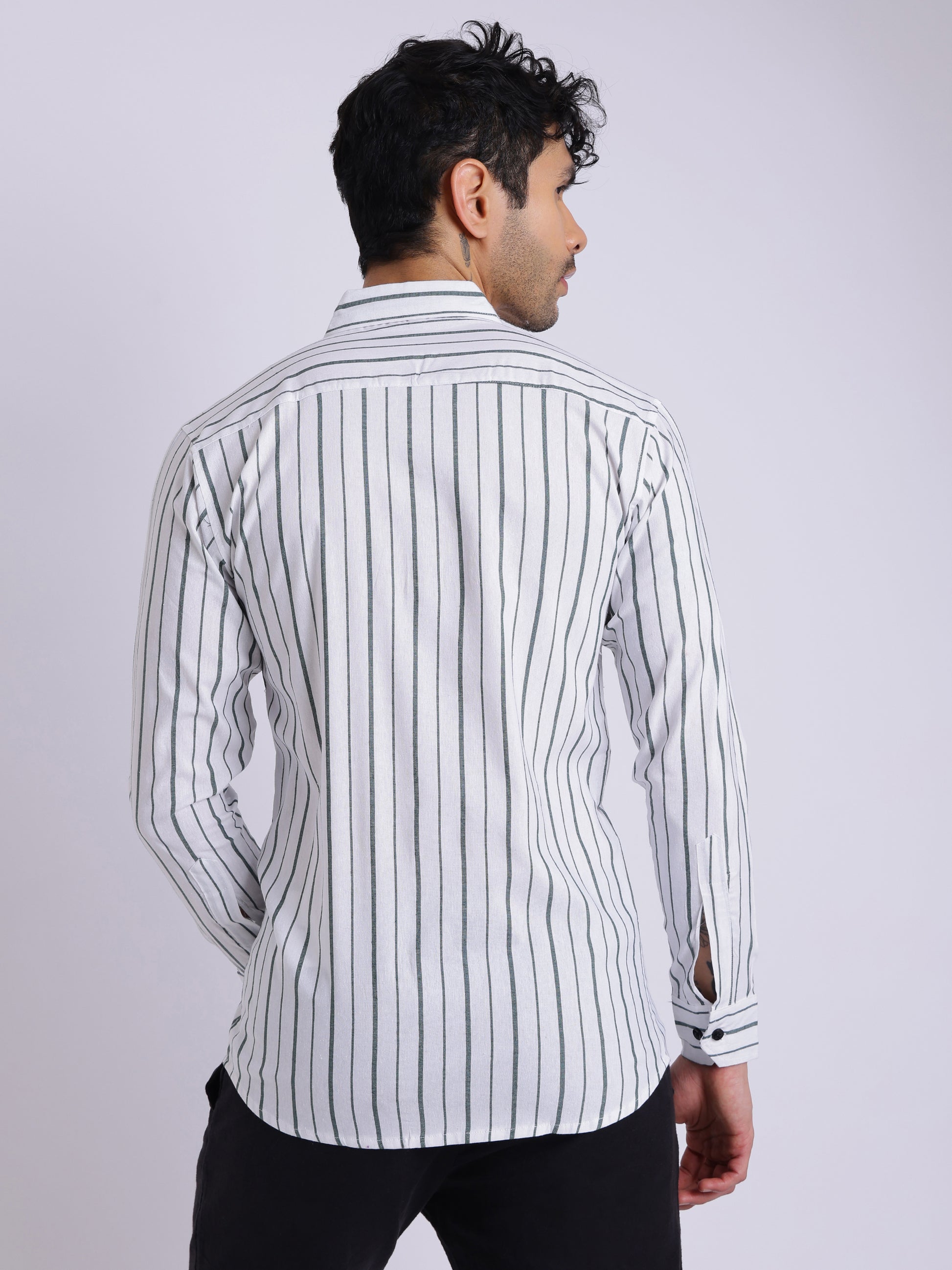Men's White Shirt with Dark Green Vertical Stripes