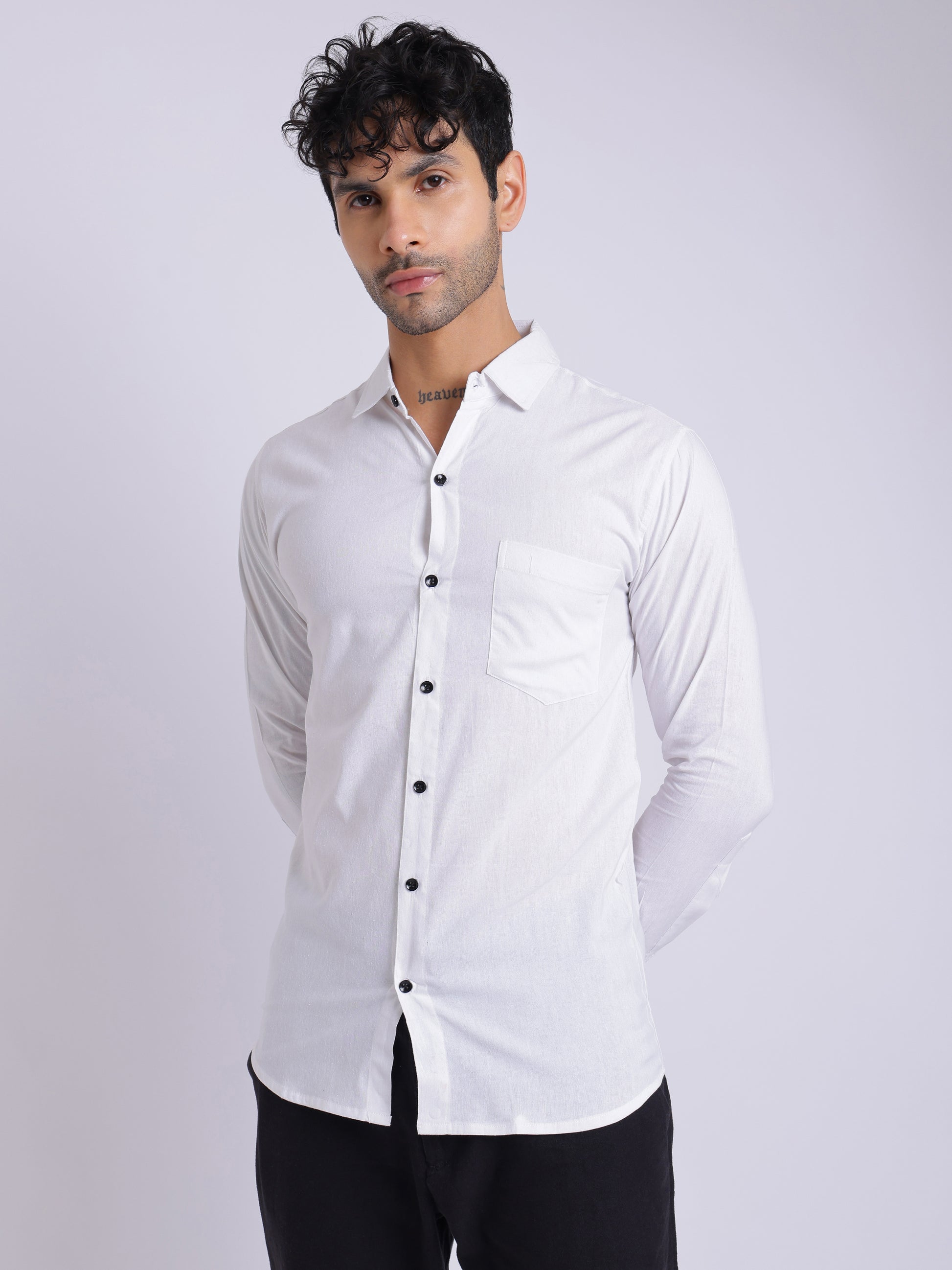 Men’s Classic White Cotton Shirt – Full Sleeve Slim Fit with Black Buttons
