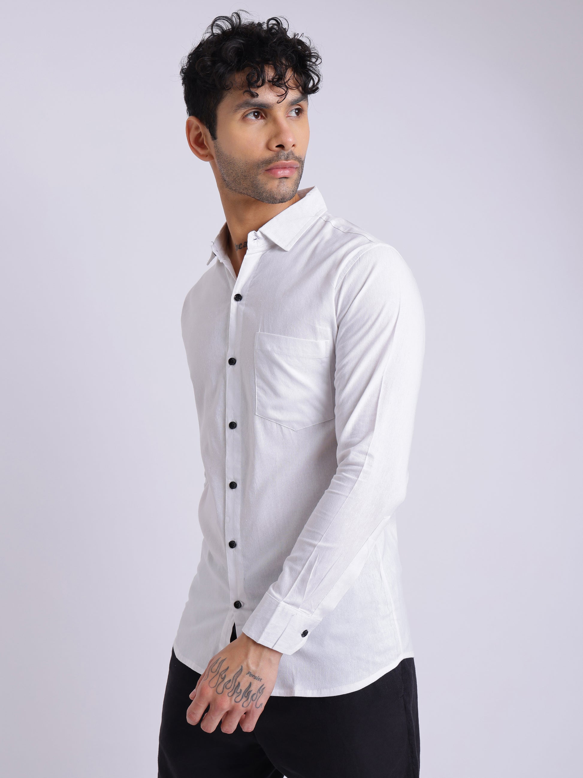 Men’s Classic White Cotton Shirt – Full Sleeve Slim Fit with Black Buttons