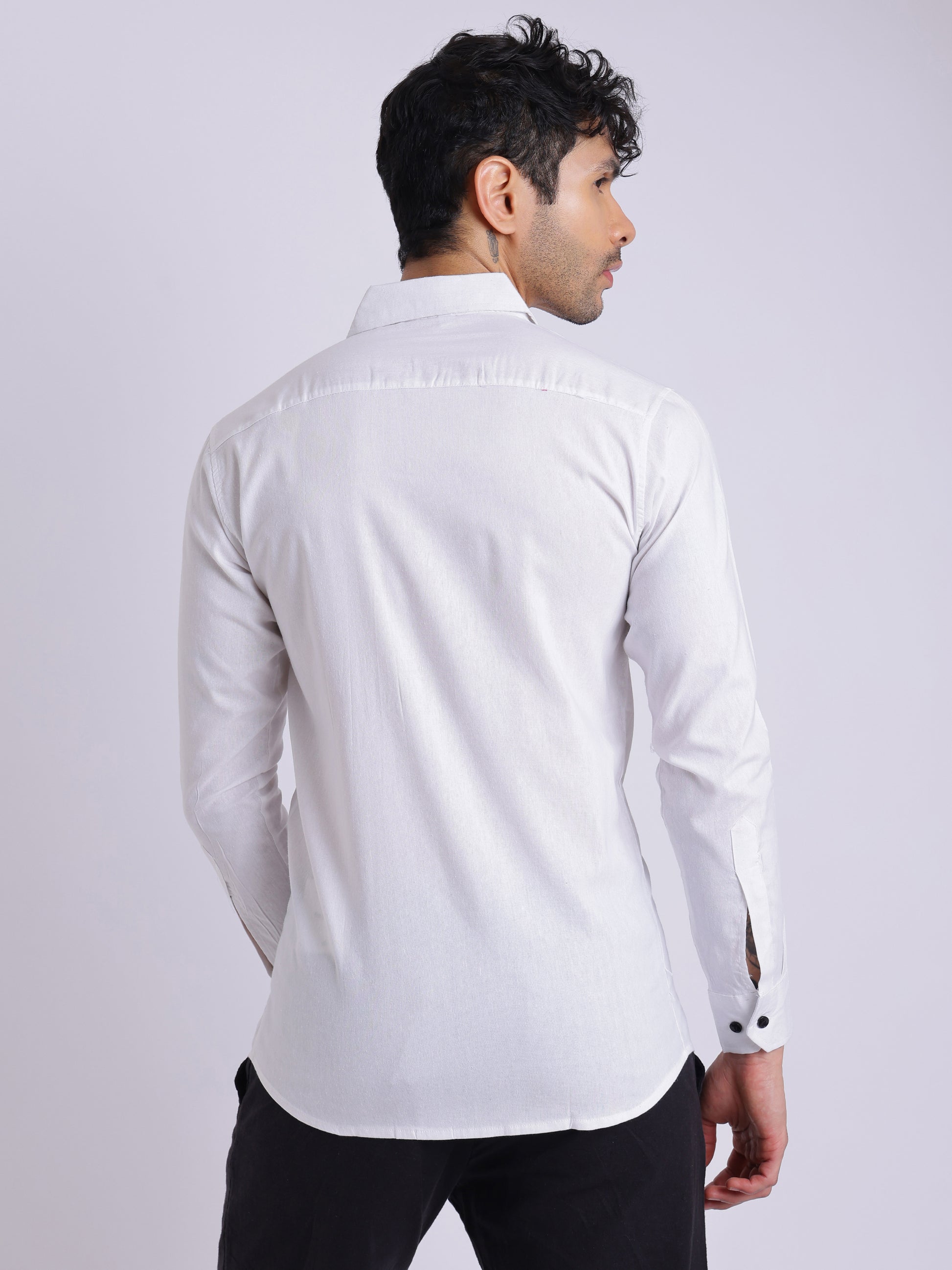 Men’s Classic White Cotton Shirt – Full Sleeve Slim Fit with Black Buttons