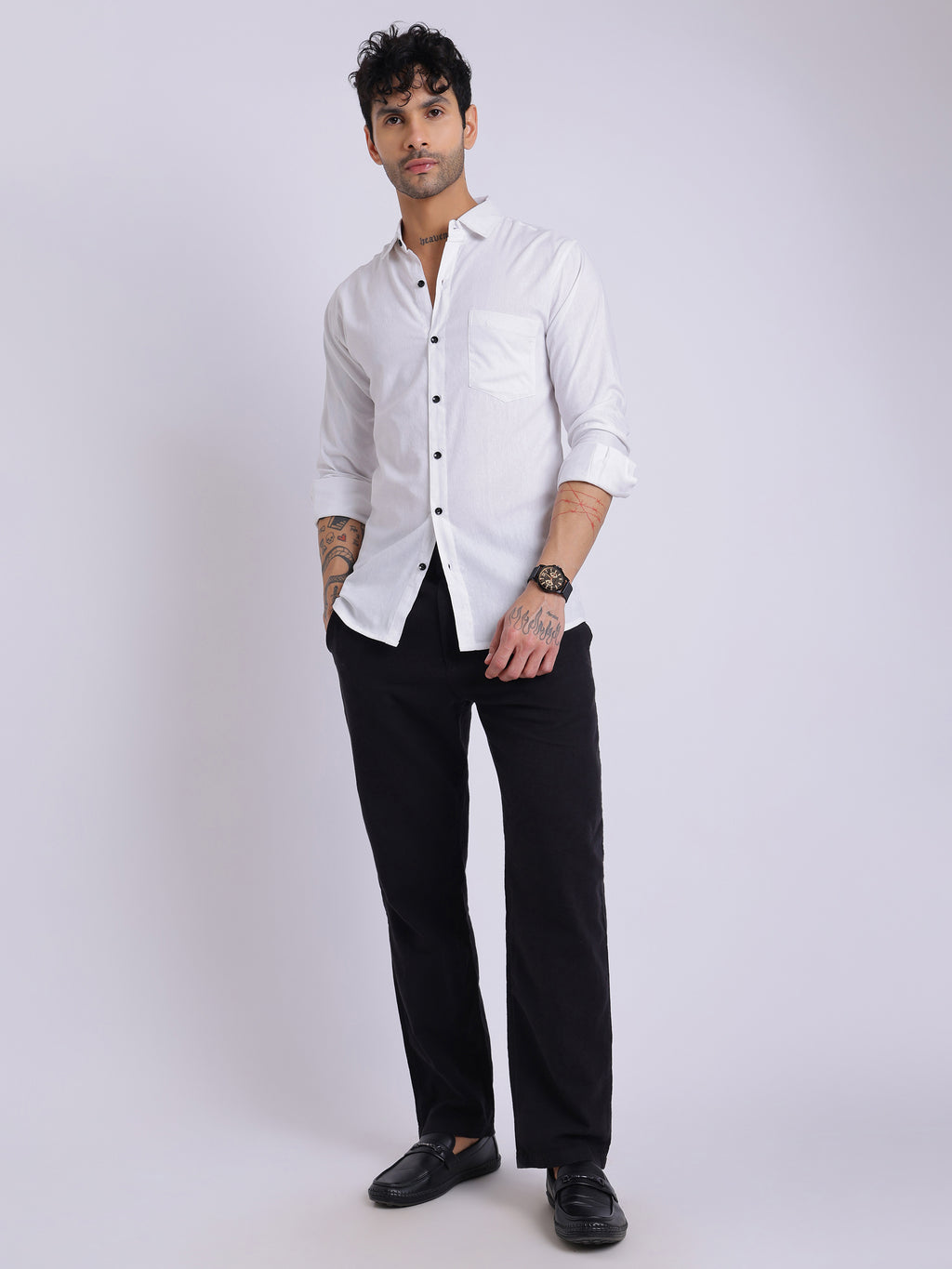 Men’s Classic White Cotton Shirt – Full Sleeve Slim Fit with Black Buttons