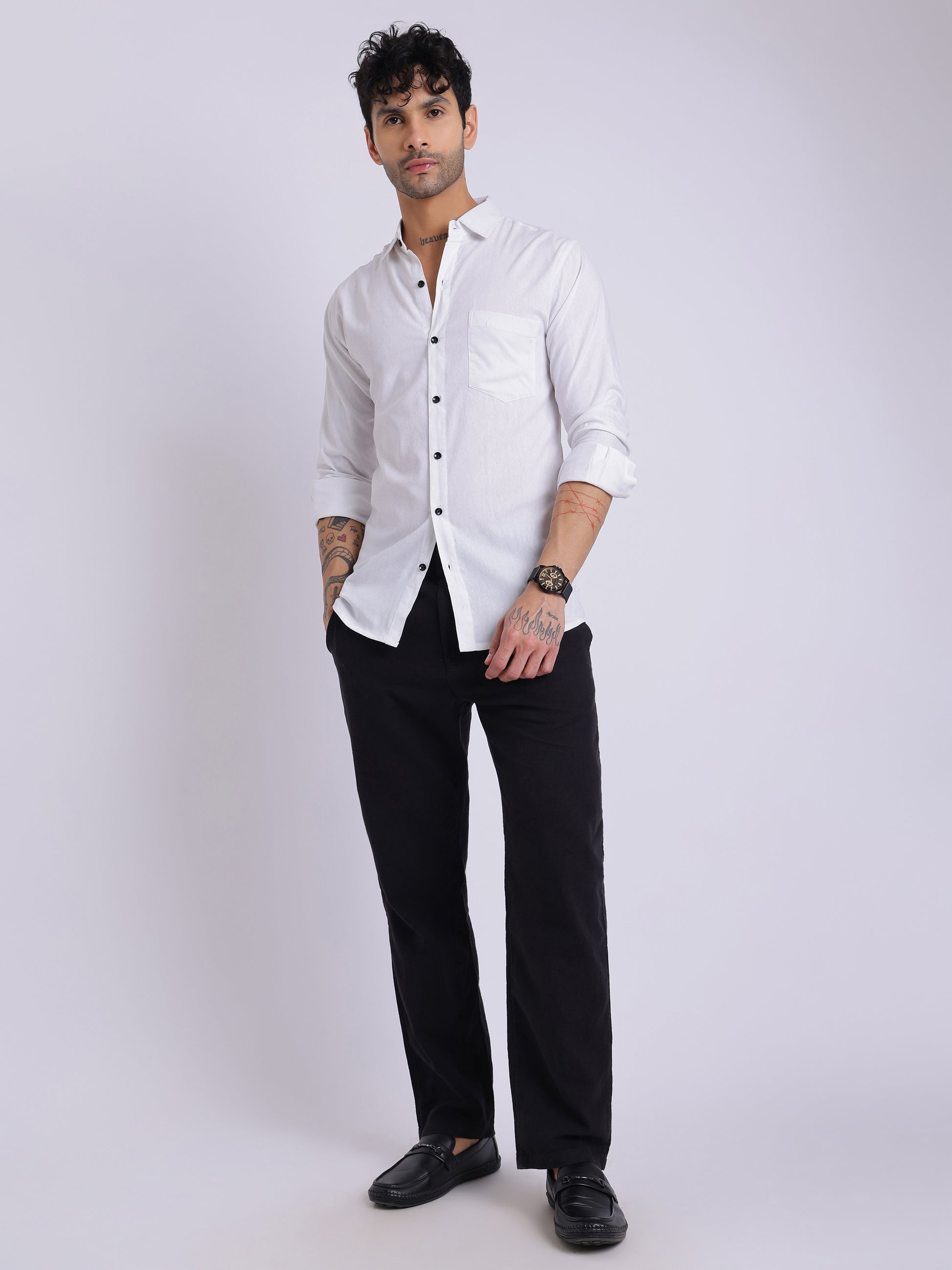 Men’s Classic White Cotton Shirt – Full Sleeve Slim Fit with Black Buttons