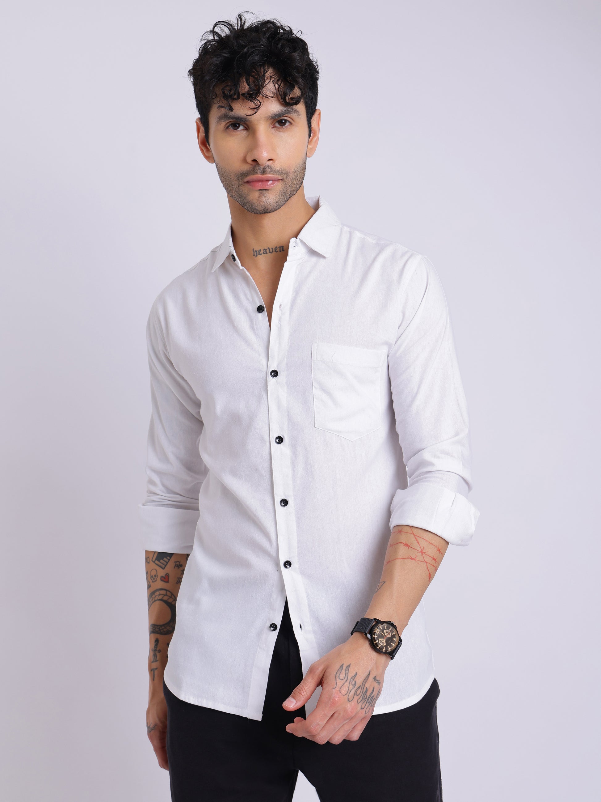 Men’s Classic White Cotton Shirt – Full Sleeve Slim Fit with Black Buttons