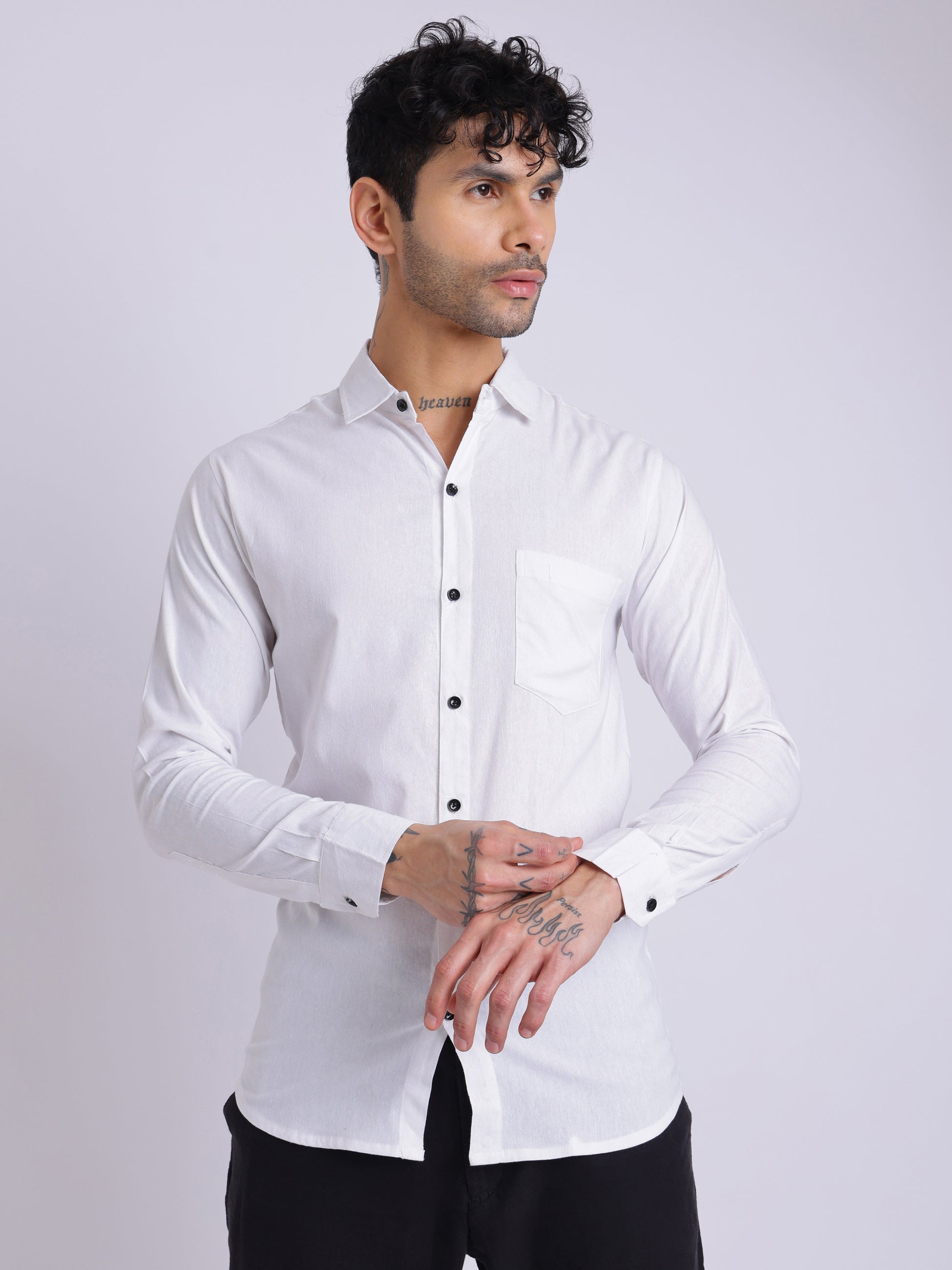 Men’s Classic White Cotton Shirt – Full Sleeve Slim Fit with Black Buttons