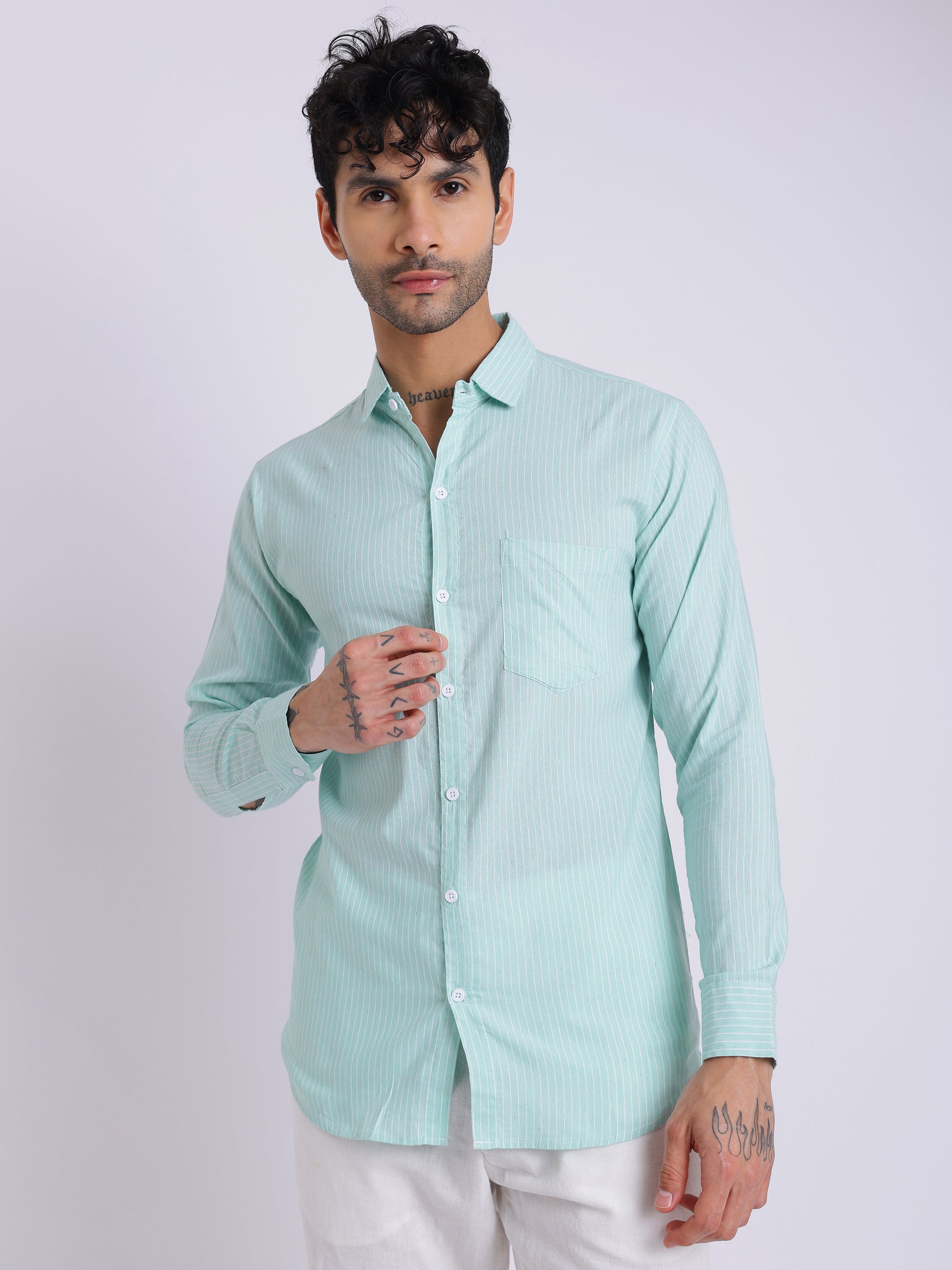 Men’s Mint Green Striped Cotton Shirt – Full Sleeve Summer Casual Wear