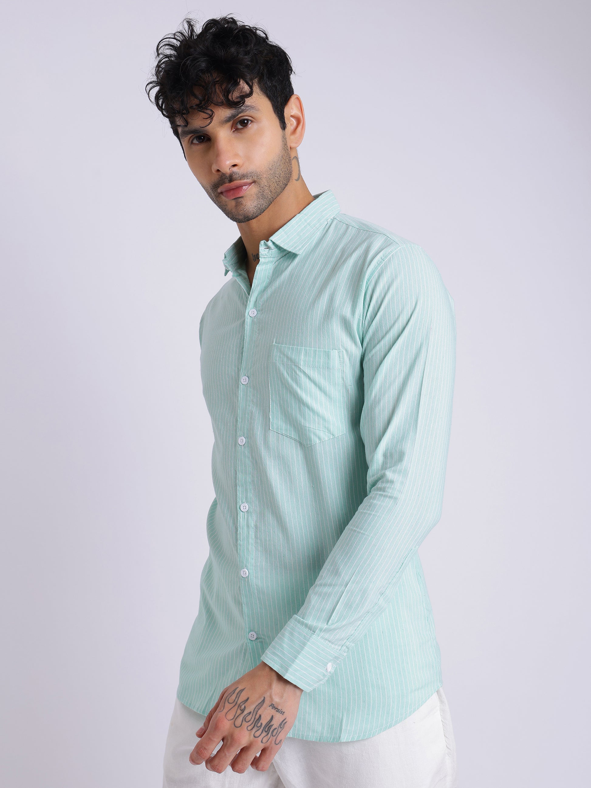 Men’s Mint Green Striped Cotton Shirt – Full Sleeve Summer Casual Wear