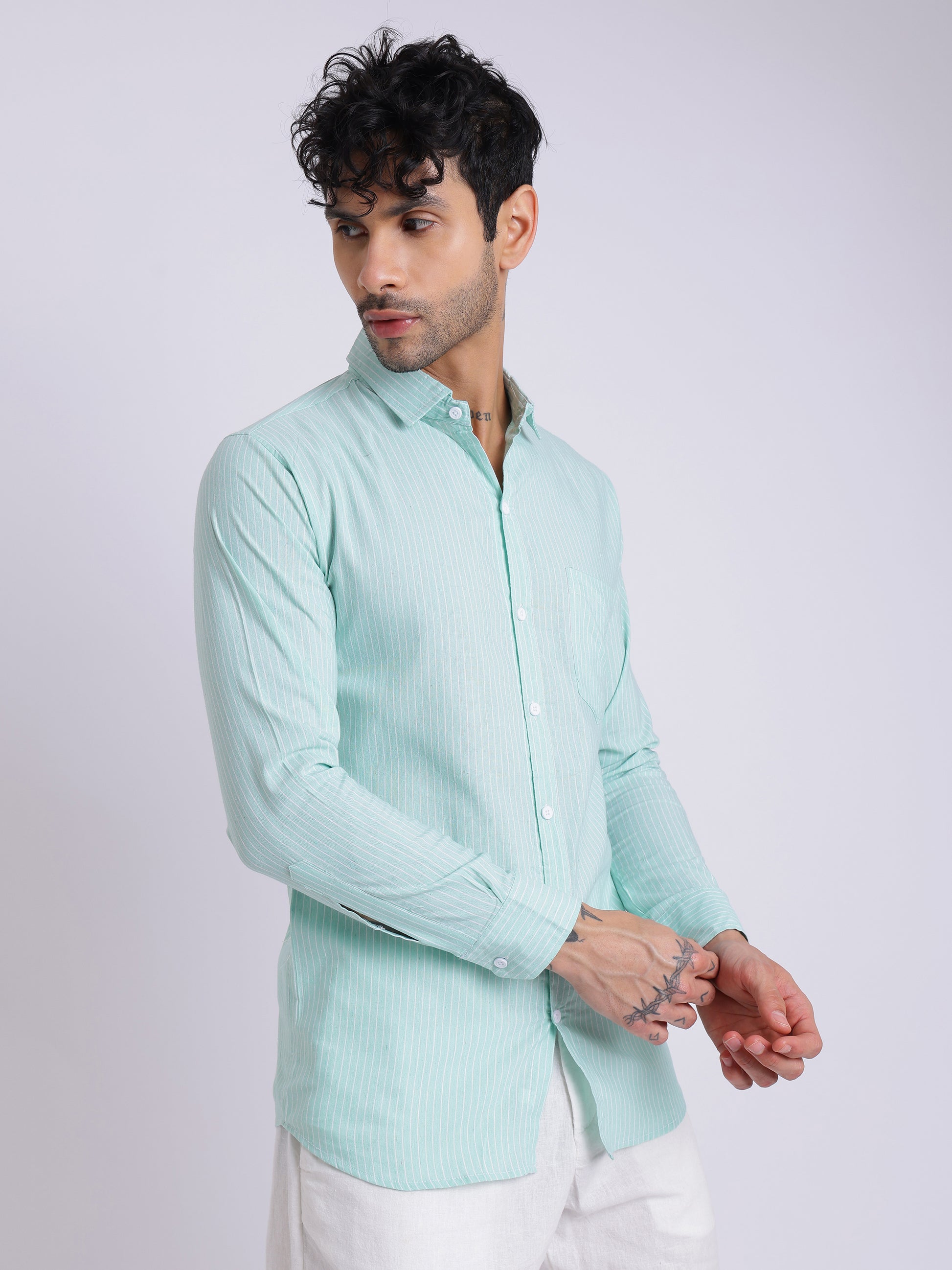 Men’s Mint Green Striped Cotton Shirt – Full Sleeve Summer Casual Wear