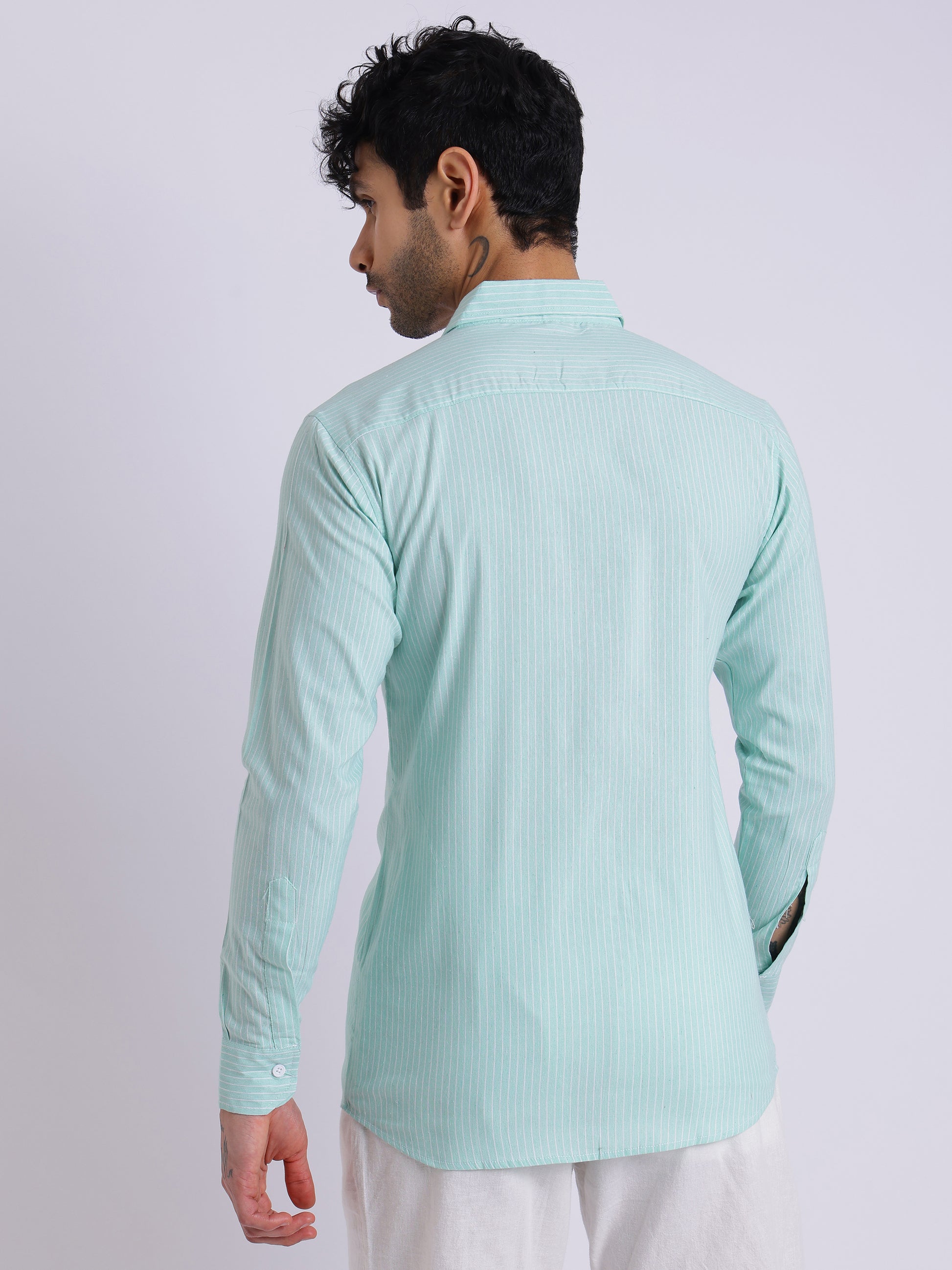 Men’s Mint Green Striped Cotton Shirt – Full Sleeve Summer Casual Wear