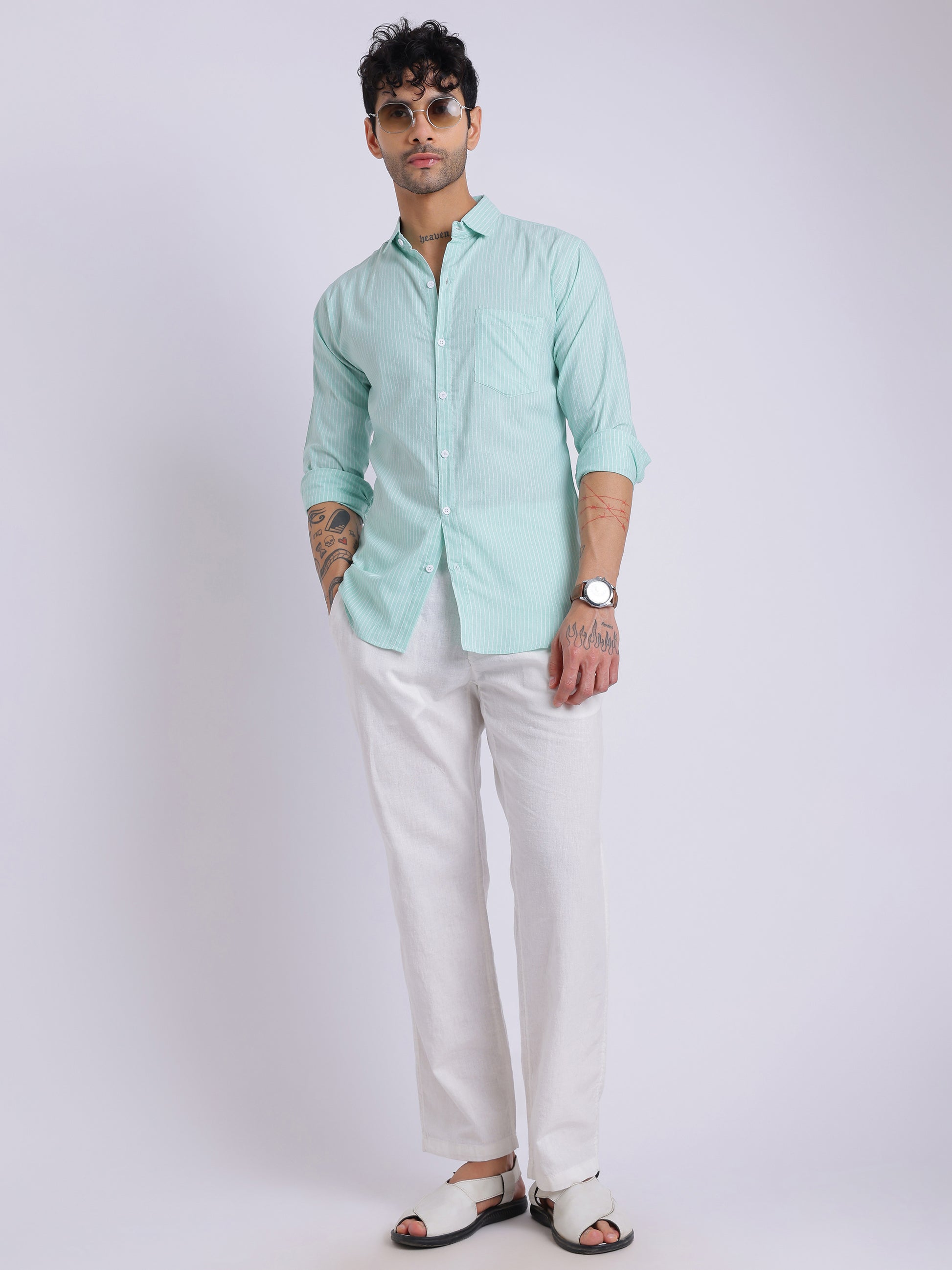 Men’s Mint Green Striped Cotton Shirt – Full Sleeve Summer Casual Wear