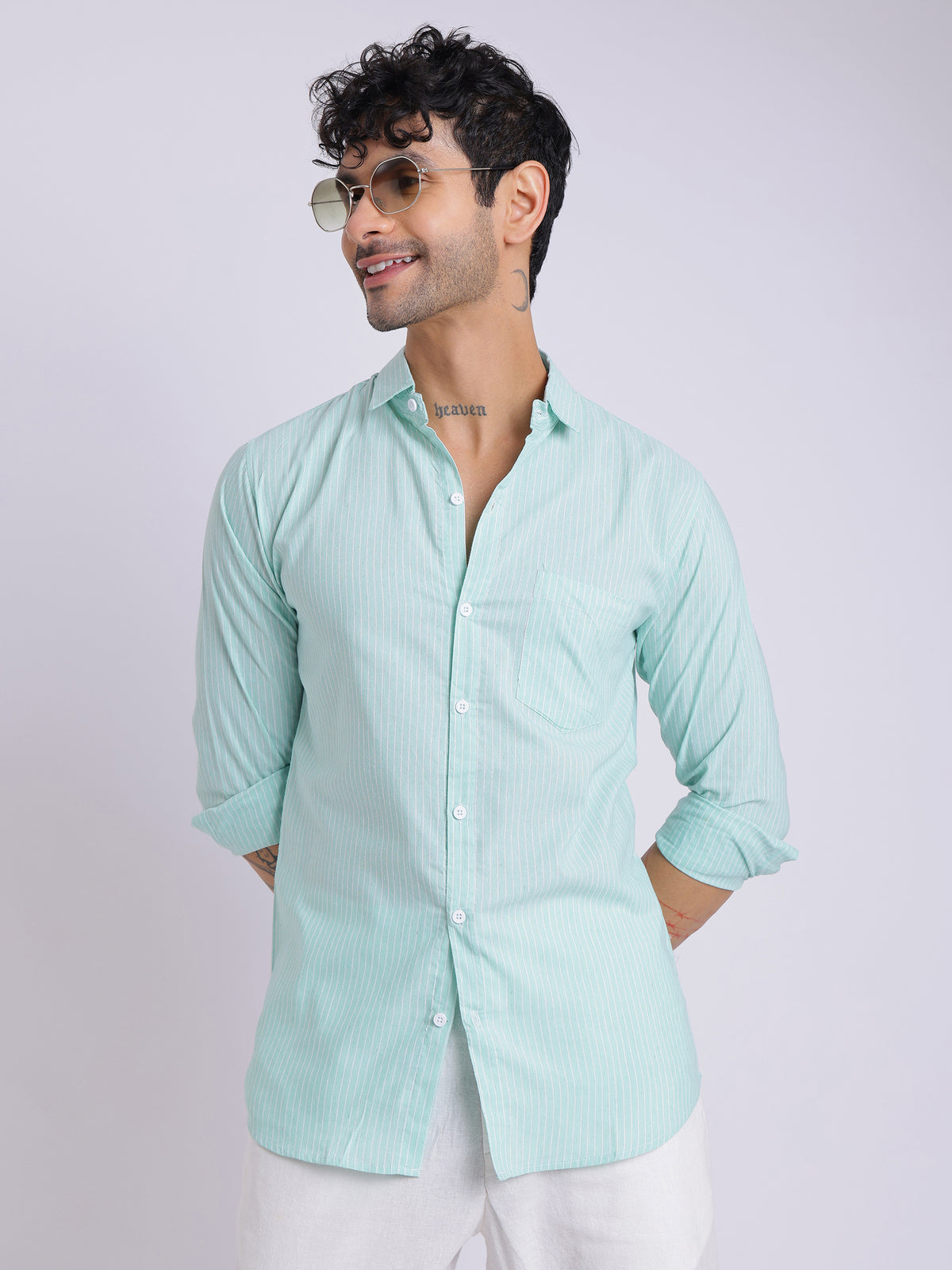 Men’s Mint Green Striped Cotton Shirt – Full Sleeve Summer Casual Wear