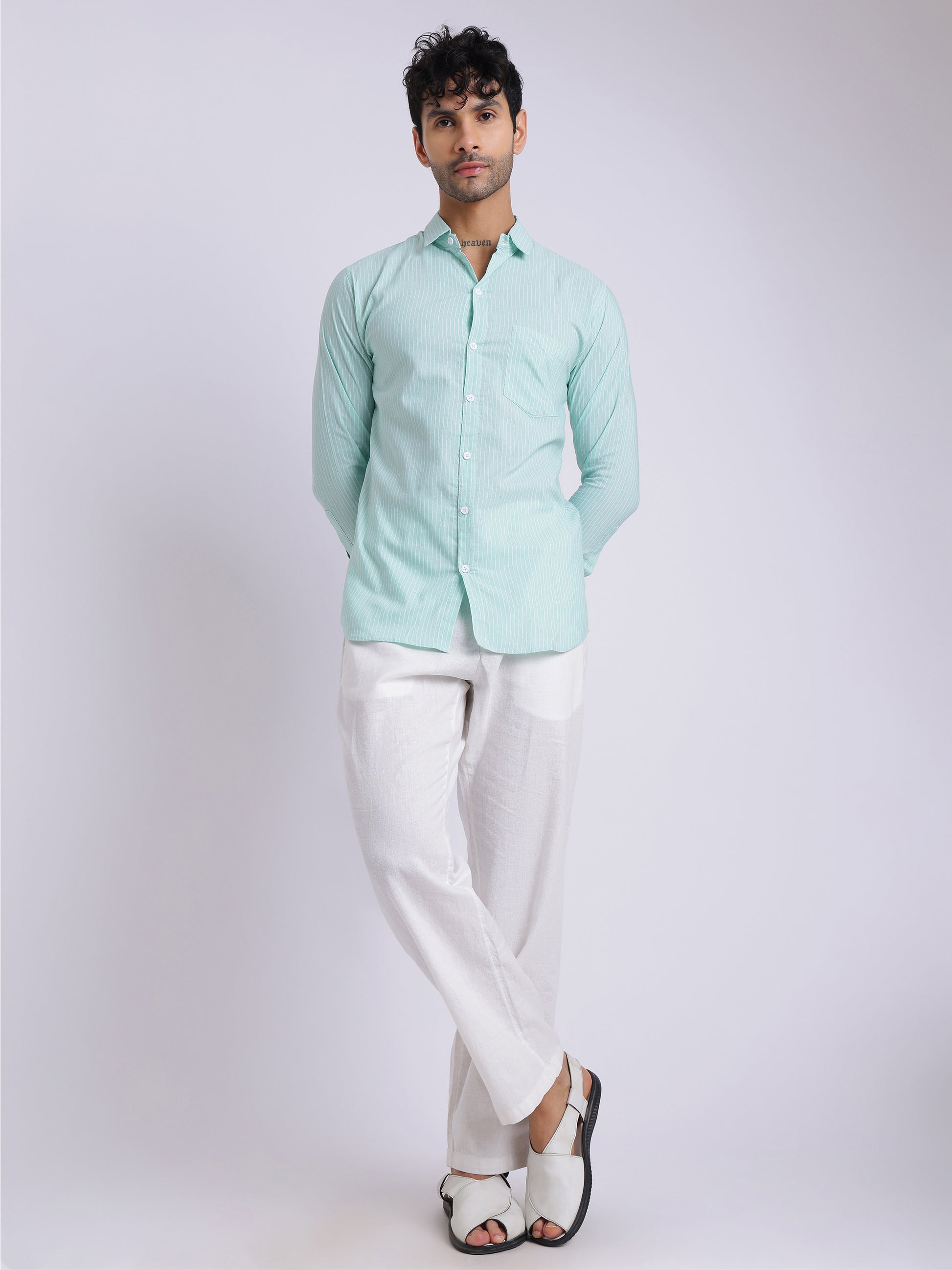 Men’s Mint Green Striped Cotton Shirt – Full Sleeve Summer Casual Wear